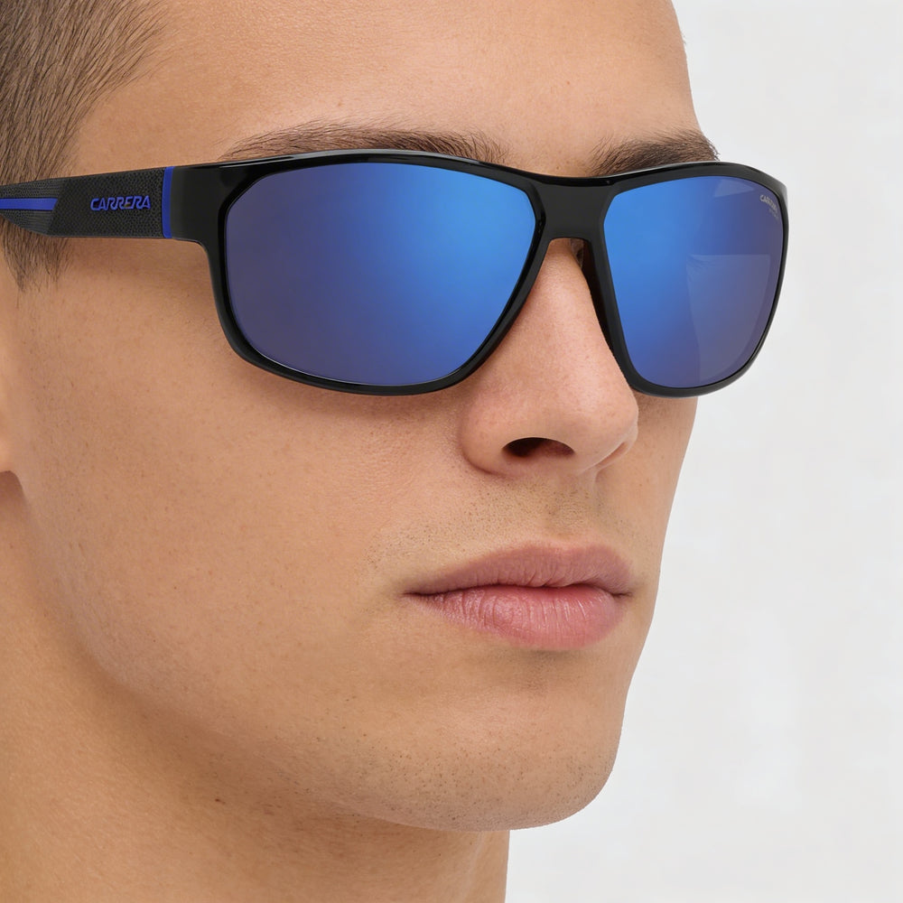 Gafas de sol Carrera Casual para hombre, montura de poliamida ecológica negra y azul, con protección UV y lentes multicapa azules de 63 mm
