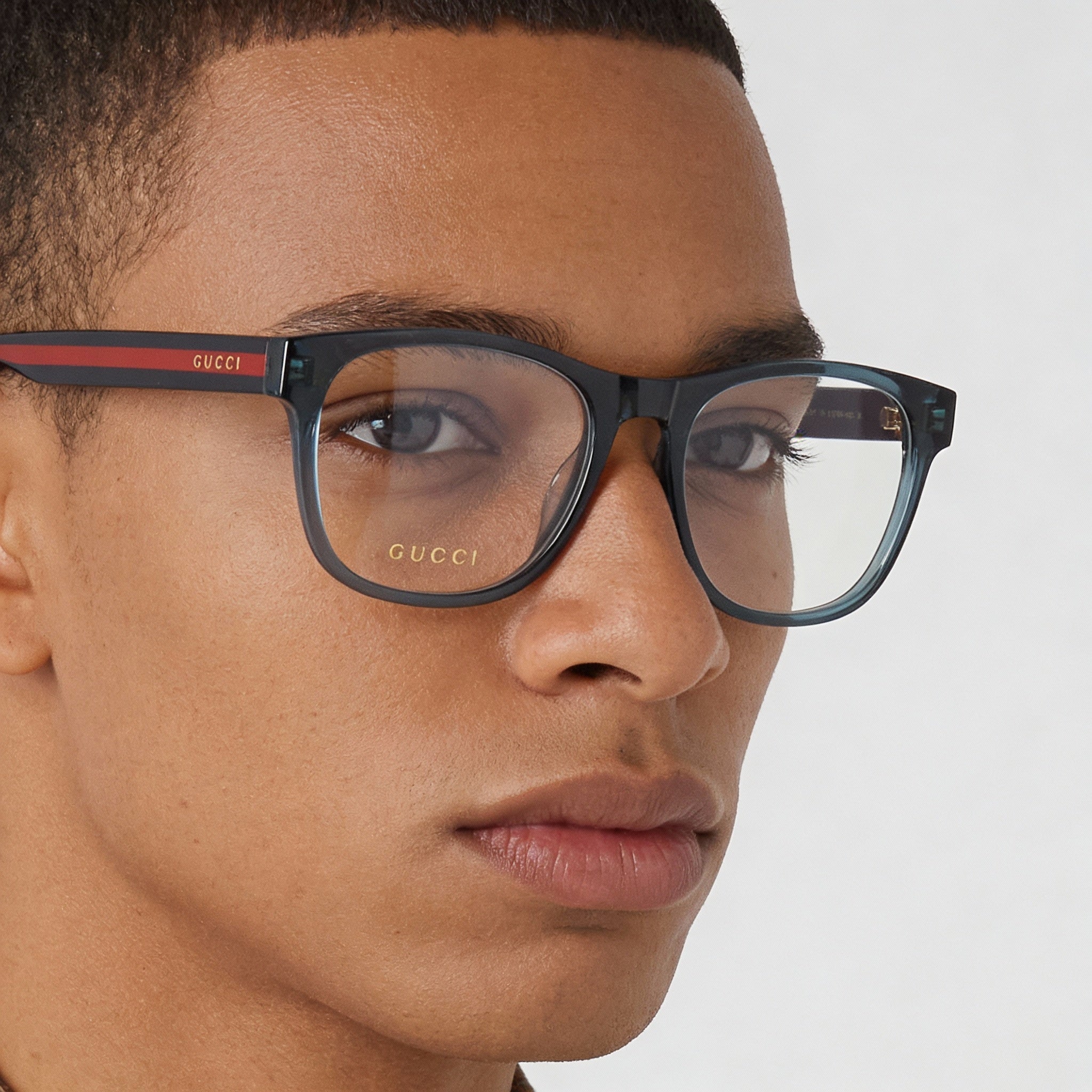 Gafas de vista Gucci Gg0004on 012 para hombre, montura cuadrada, de plástico azul transparente con logotipo dorado, talla 53, Photo 4