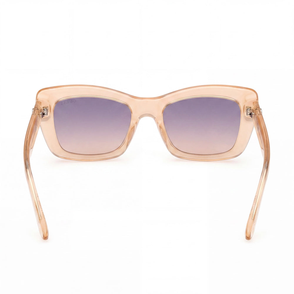 GUESS Gafas de sol rectangulares de plástico para mujer, montura naranja claro brillante, lentes violeta degradado/espejo, 52 mm