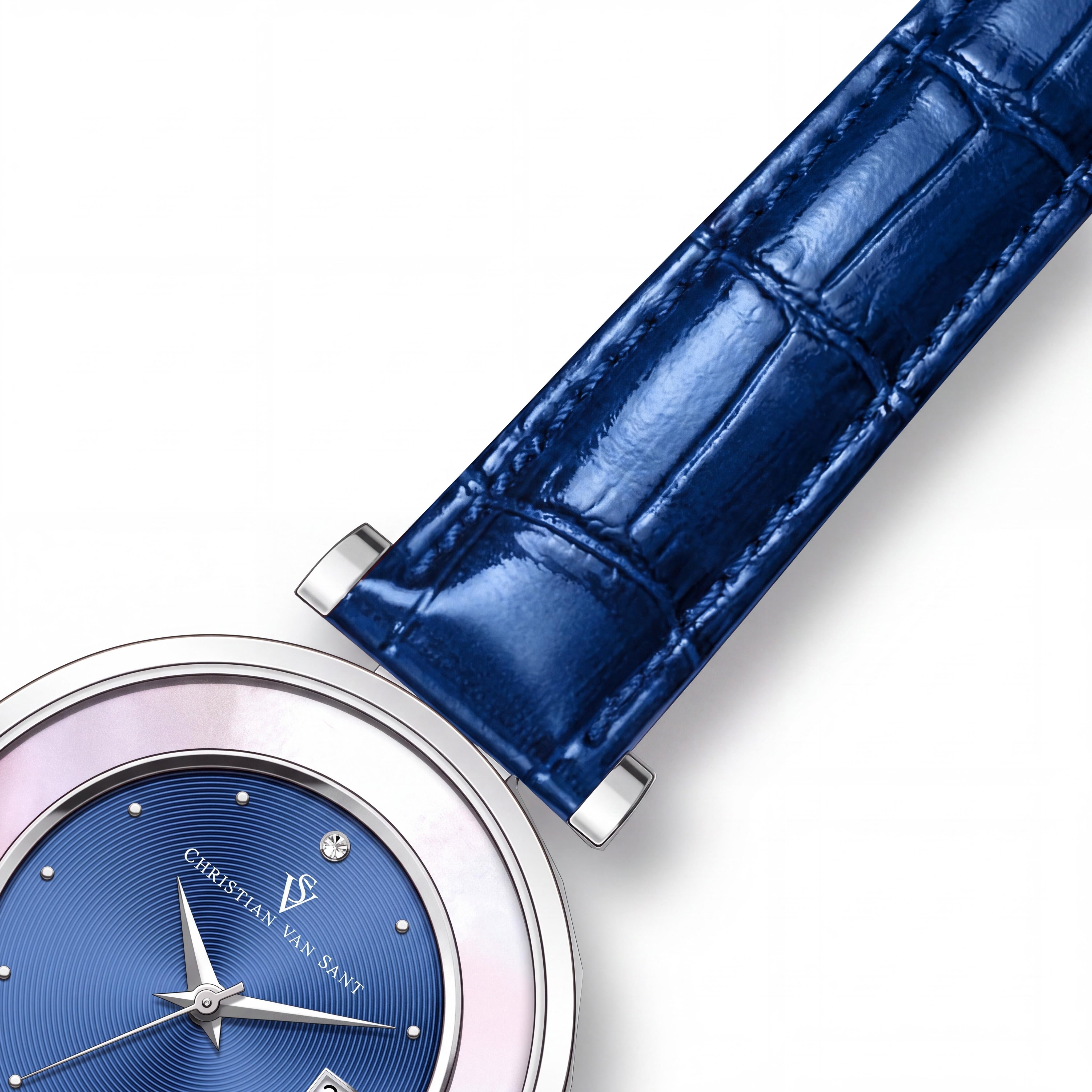 Christian Van Sant CV3812 Modern Women's Blue Dial Stainless Steel Leather Strap Water Resistant Quartz Watch, Photo 3