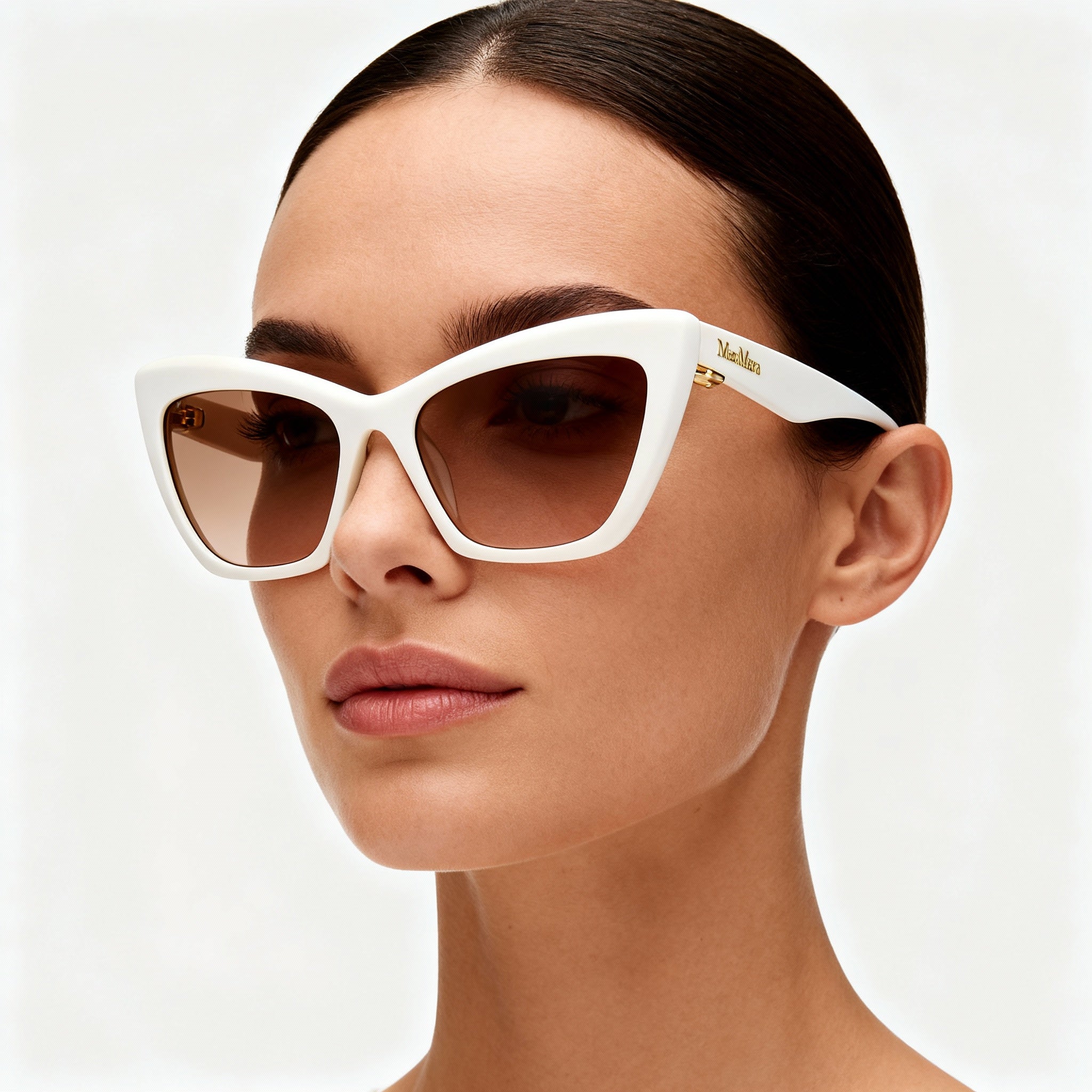 Gafas de sol modernas MaxMara de plástico para mujer, montura de espejo dorado blanco brillante, lentes de espejo marrones, 57-18-145, Photo 3