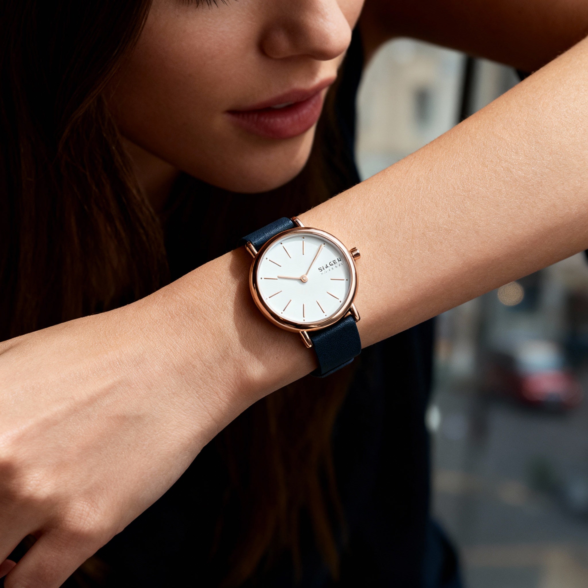 SKAGEN DENMARK Signatur Lille Women's 30mm Rose Gold Stainless Steel Blue Leather White Dial Watch, Photo 4