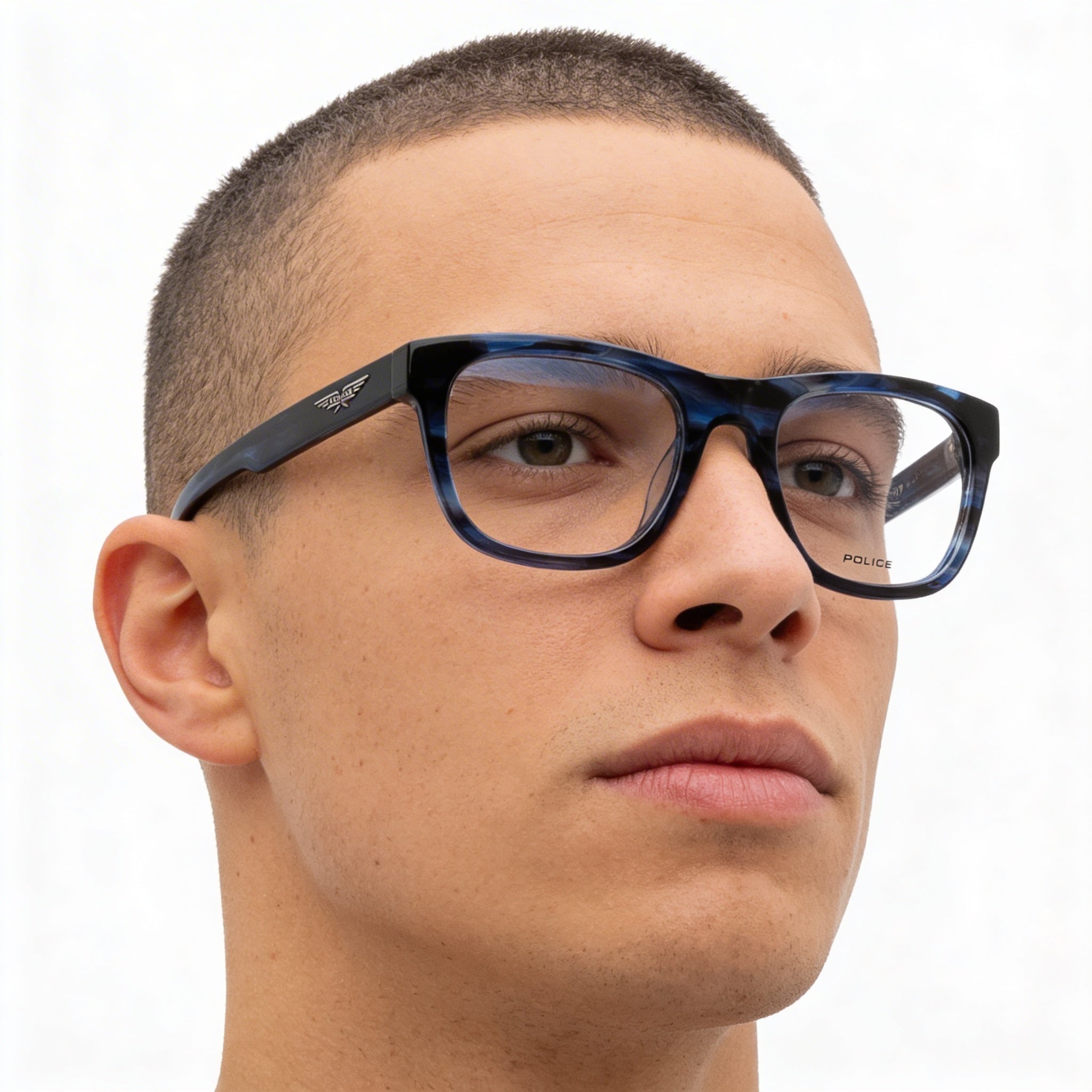 Police Casual Men's Eyeglasses with Shiny Streaked Blue Plastic Frame and Polycarbonate Lenses, 52mm, Photo 5