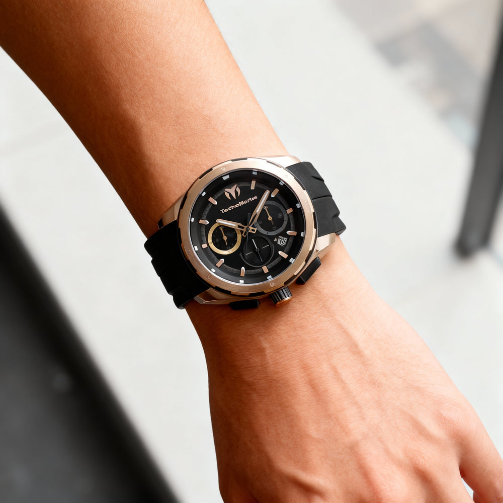 TechnoMarine OCEAN - NOMAD TM-318106 Reloj cronógrafo de cuarzo para hombre, acero inoxidable de 43 mm, esfera negra, correa de silicona