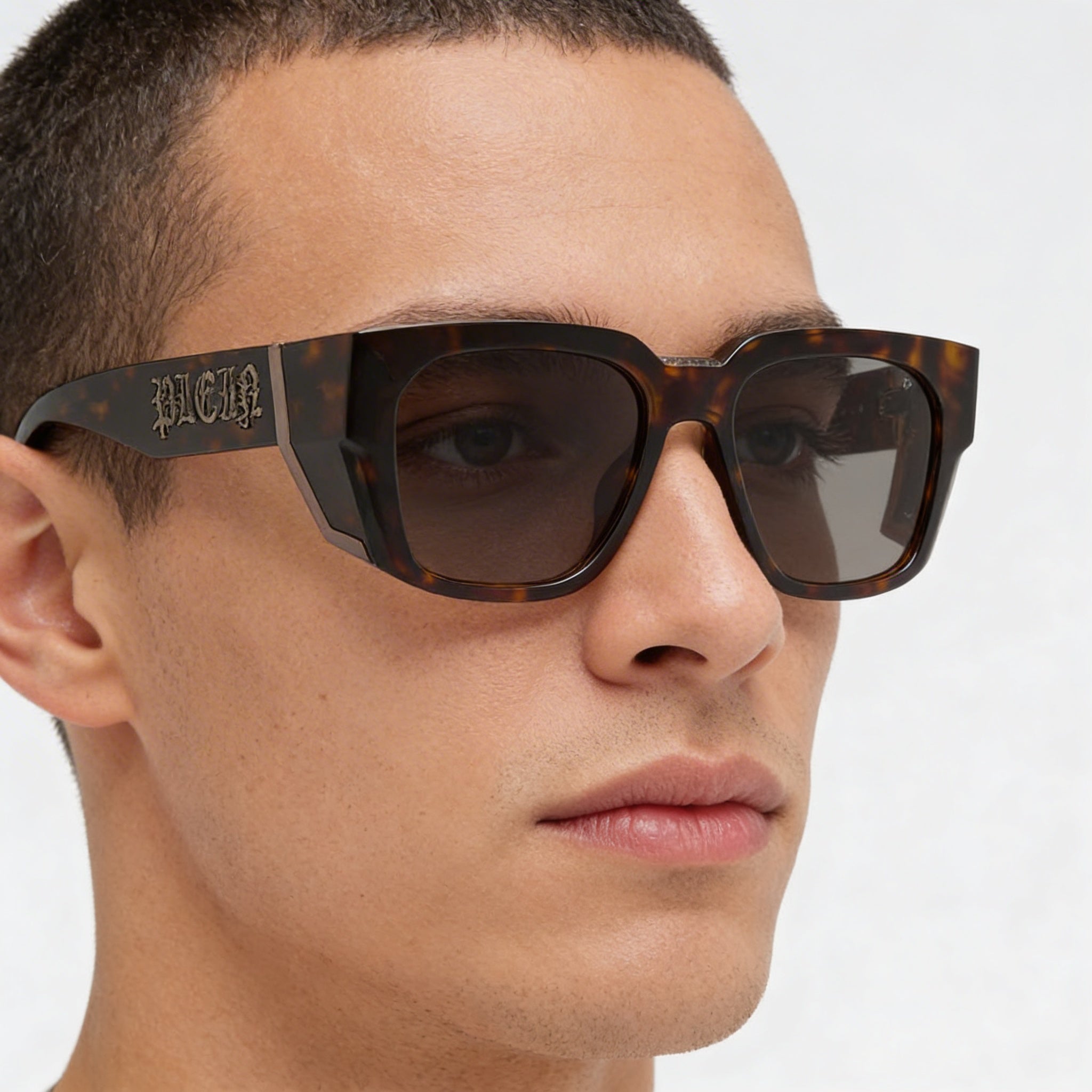Gafas de sol Philipp Plein Spp130m para hombre, de acero inoxidable, color gris habano oscuro y verde, con protección UV, 54 mm, Photo 2