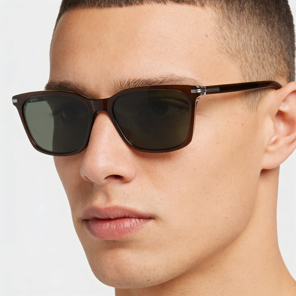 Hugo Boss Men's ADULT Brown Eco Acetate Frame, Green Lenses, 56mm, 100% UV Protection Sunglasses