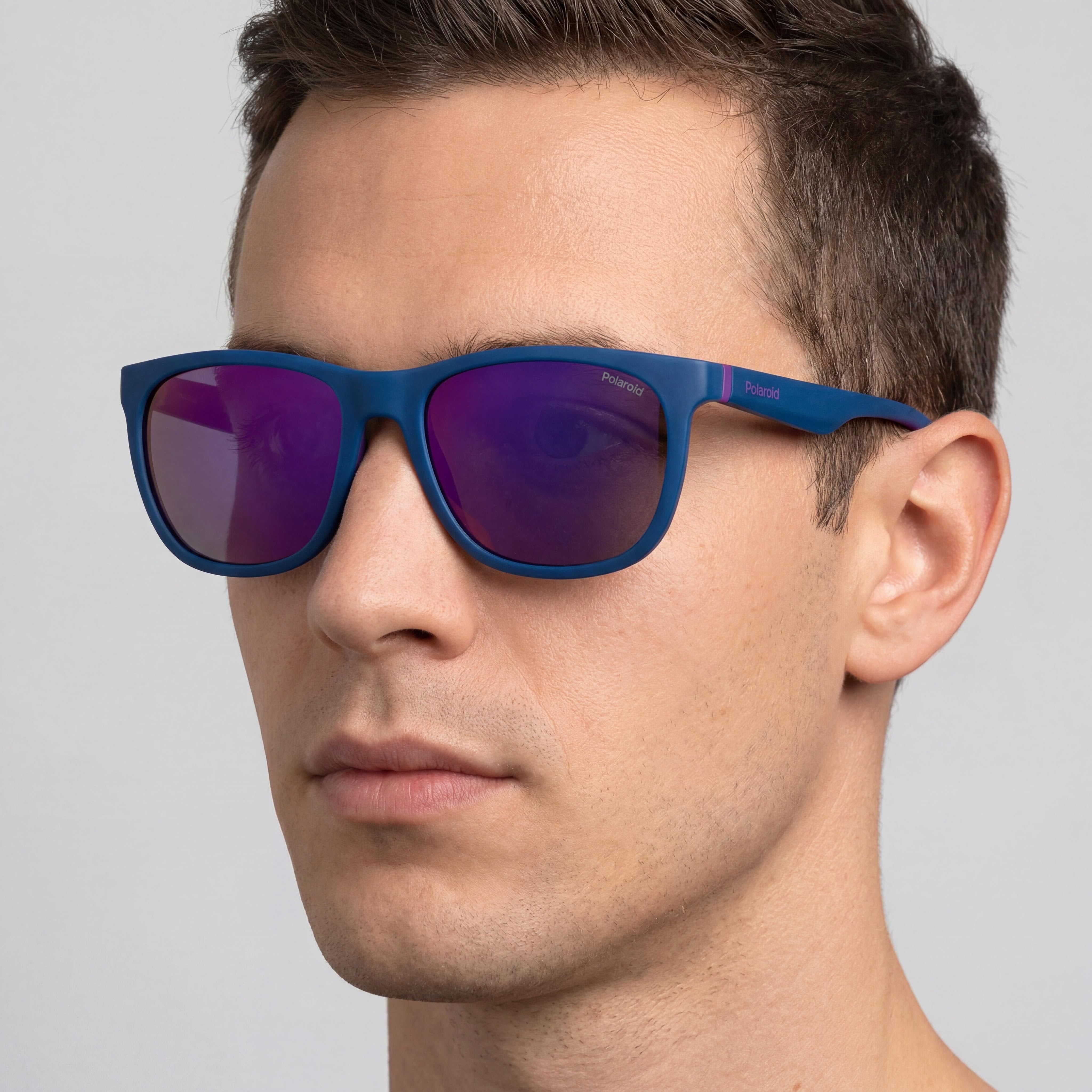 Gafas de sol modernas de acetato Polaroid Pld 2140/s para hombre, montura semiopaca azul violeta celeste, lentes de espejo violeta, 55 mm, Photo 5