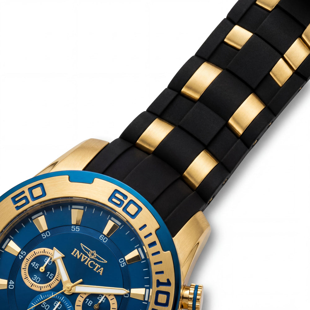 Invicta Men's Pro Diver Chronograph Yellow Gold Plated Stainless Steel & Black Silicone Blue Dial Watch, 50mm