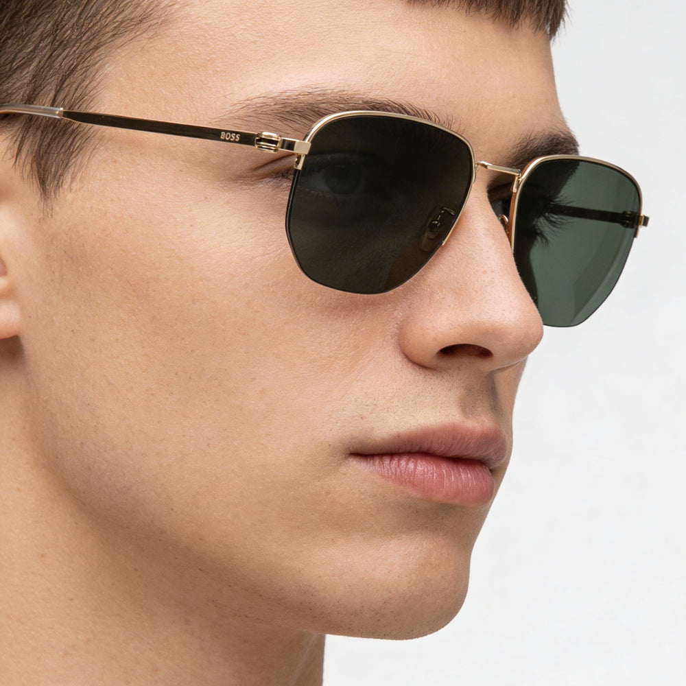 Hugo Boss BOSS 1538/F/SK Unisex Stainless Steel Gold Green Frame Green Lens Non-Polarized UV Protection Sunglasses 57mm