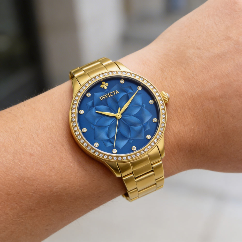 Invicta Wildflower Unisex Gold Tone Stainless Steel Crystal Blue Dial Quartz Watch 35mm 10 ATM