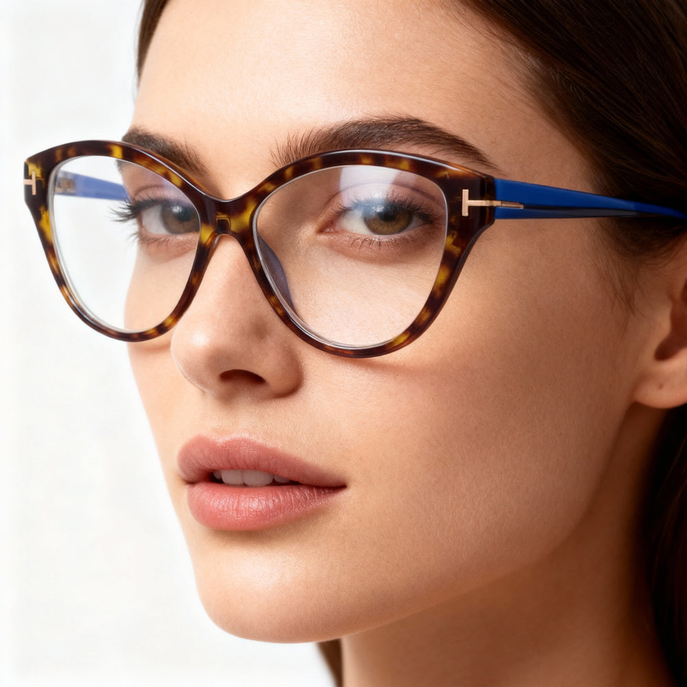 Gafas de sol Tom Ford FT5954-B para mujer, estilo ojo de gato, montura completa, con bloqueo de luz azul, sin polarizar, de cristal Habana, de plástico, 54 mm