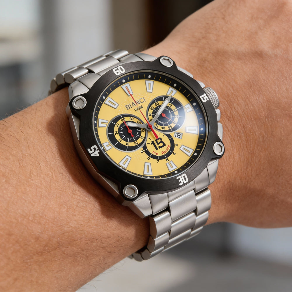 Roberto Bianci Men's Analog Chronograph Quartz Watch with Silver Stainless Steel Case & Bracelet, Yellow Dial