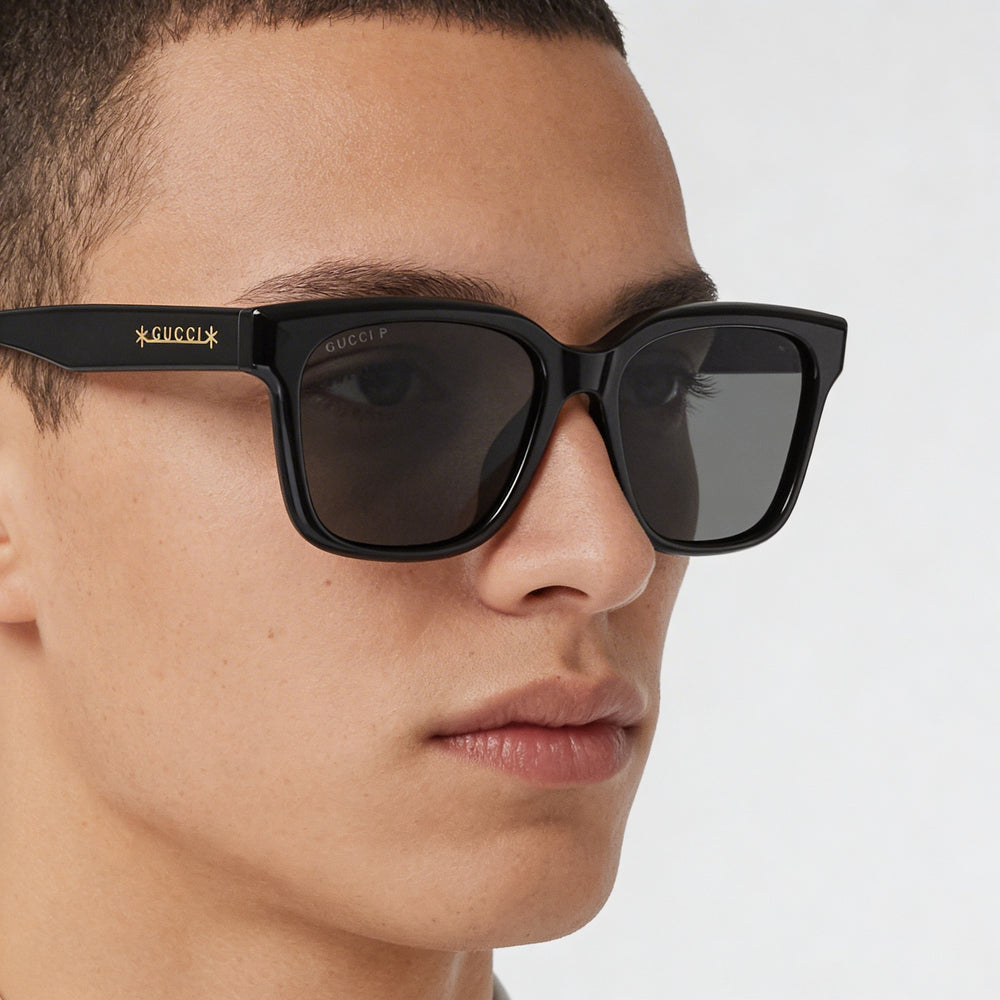 Gafas de sol Gucci: Estilo informal para hombre, acetato negro-gris, protección UV, 56 mm de ancho de lente