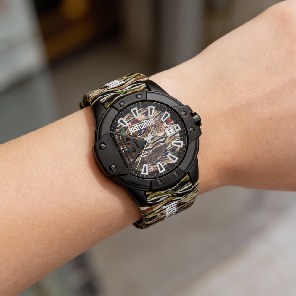 Just Cavalli Fashion Women's Waterproof Watch, Black Camouflage Stainless Steel Case with Leather Strap