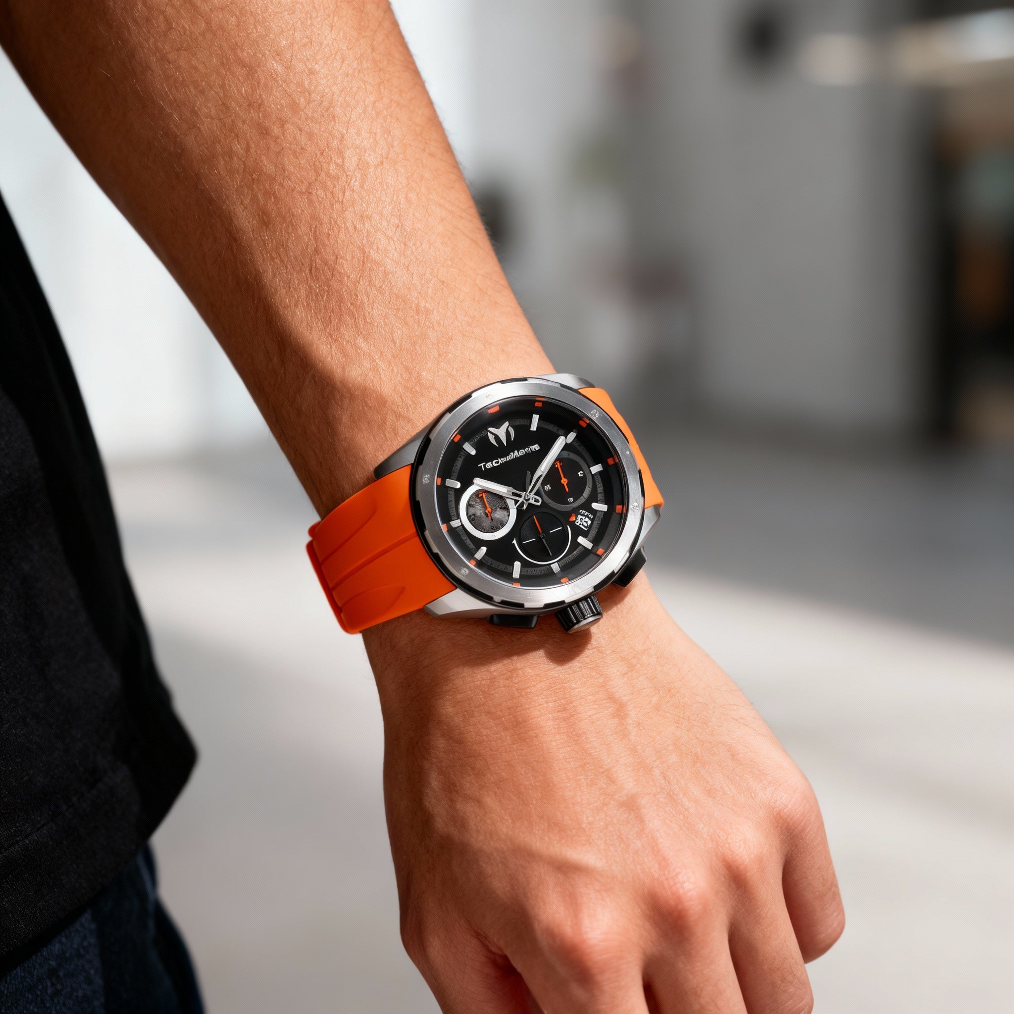 TechnoMarine OCEAN - NOMAD TM-318099 Unisex 43mm Stainless Steel Quartz Watch, Black Dial, Orange Silicone Strap, Photo 3