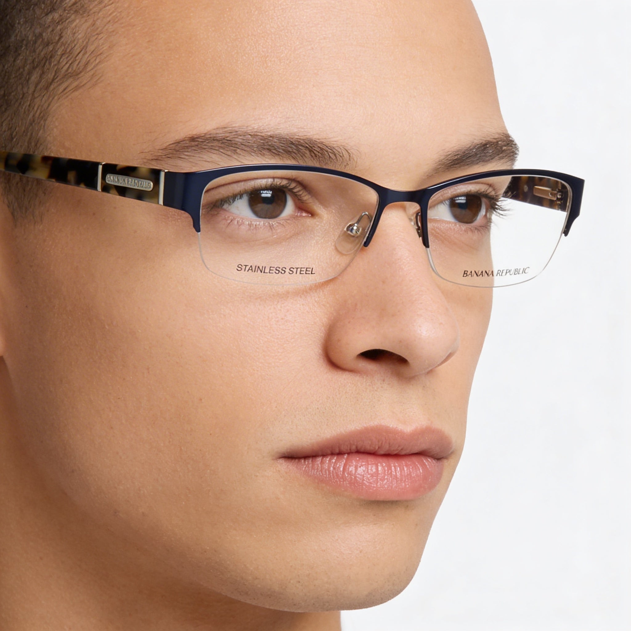 BANANA REPUBLIC Gafas Jordyn unisex de metal rectangulares semial aire azul claro marino con lentes de demostración 52-16-130, Photo 5