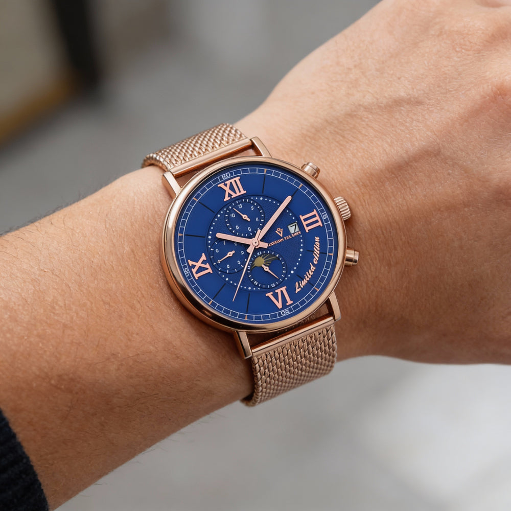 Reloj automático Christian Van Sant para hombre con esfera azul y pulsera de malla de acero inoxidable