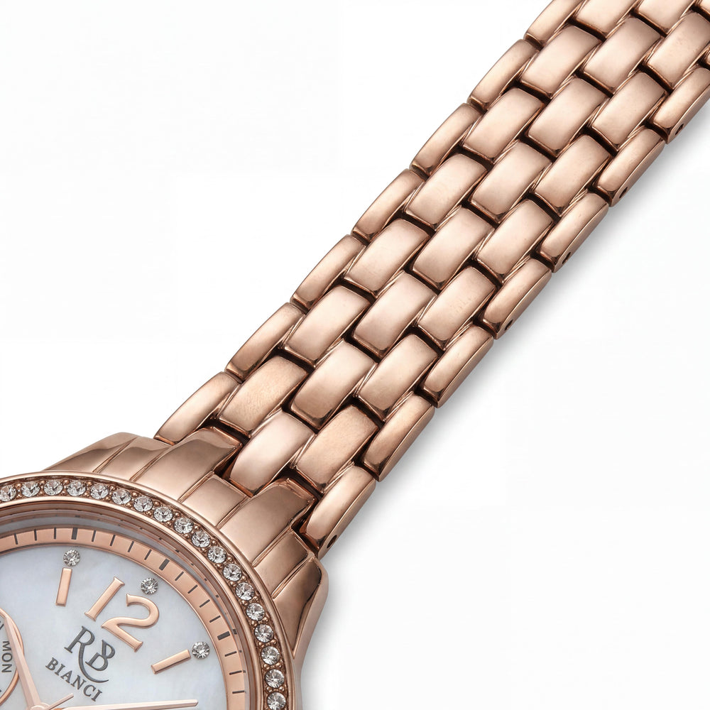 Reloj multfunción Roberto Bianci Valentini para mujer con caja rosa, esfera de nácar blanco y detalles de cristal