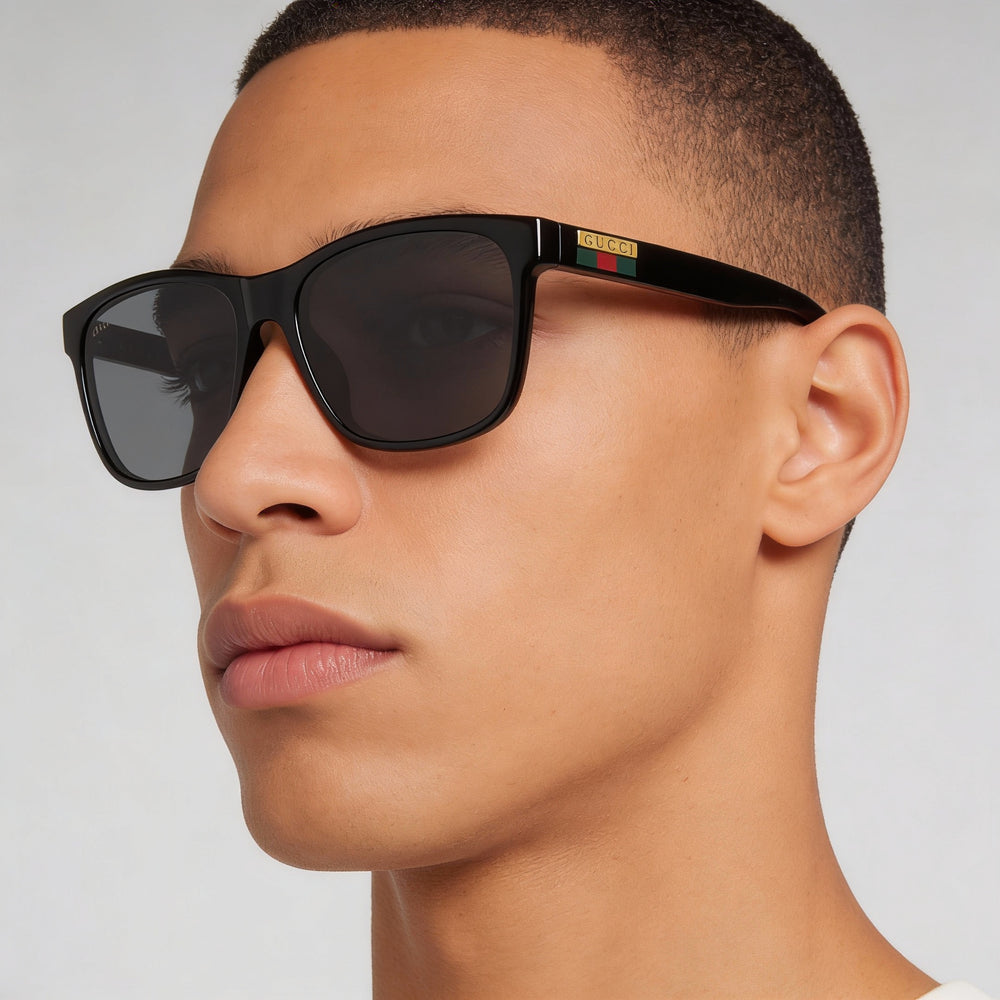 Gafas de sol Gucci GG0746S para hombre, montura completa de plástico inyectado negro, lentes grises, 57-17, protección UV