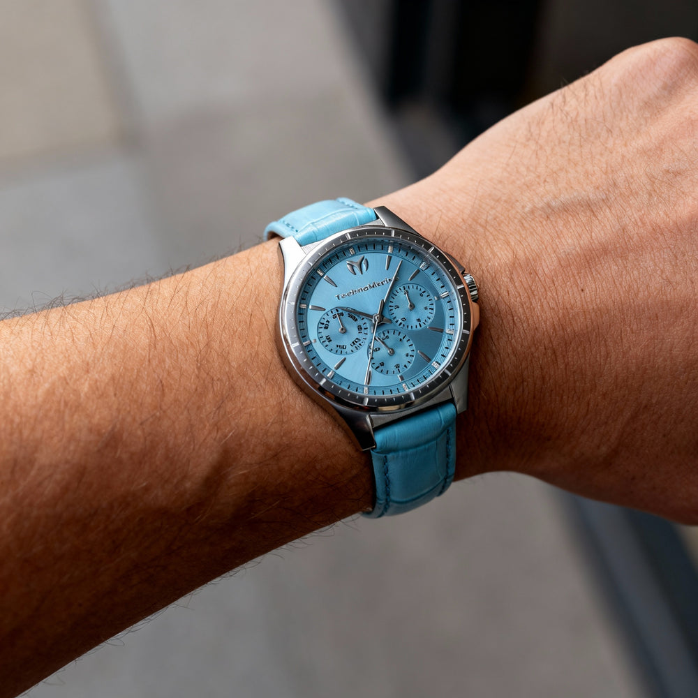 Reloj cronómetro de cuarzo Technomarine MoonSun TM-822057 para mujer, 36 mm, acero inoxidable plateado, esfera azul