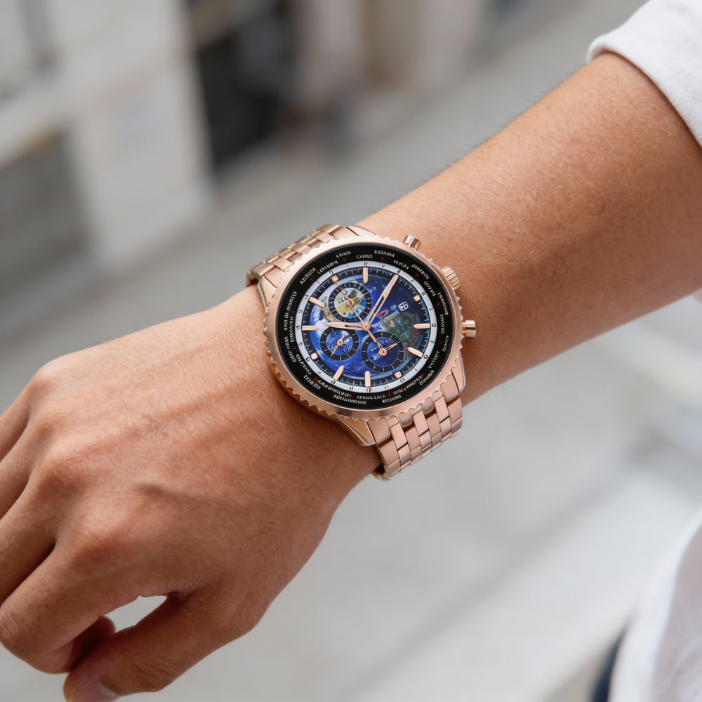 Reloj de pulsera Seapro para hombre, esfera azul, movimiento de cuarzo, temporizador mundial, GMT, despertador, resistente al agua 100 m