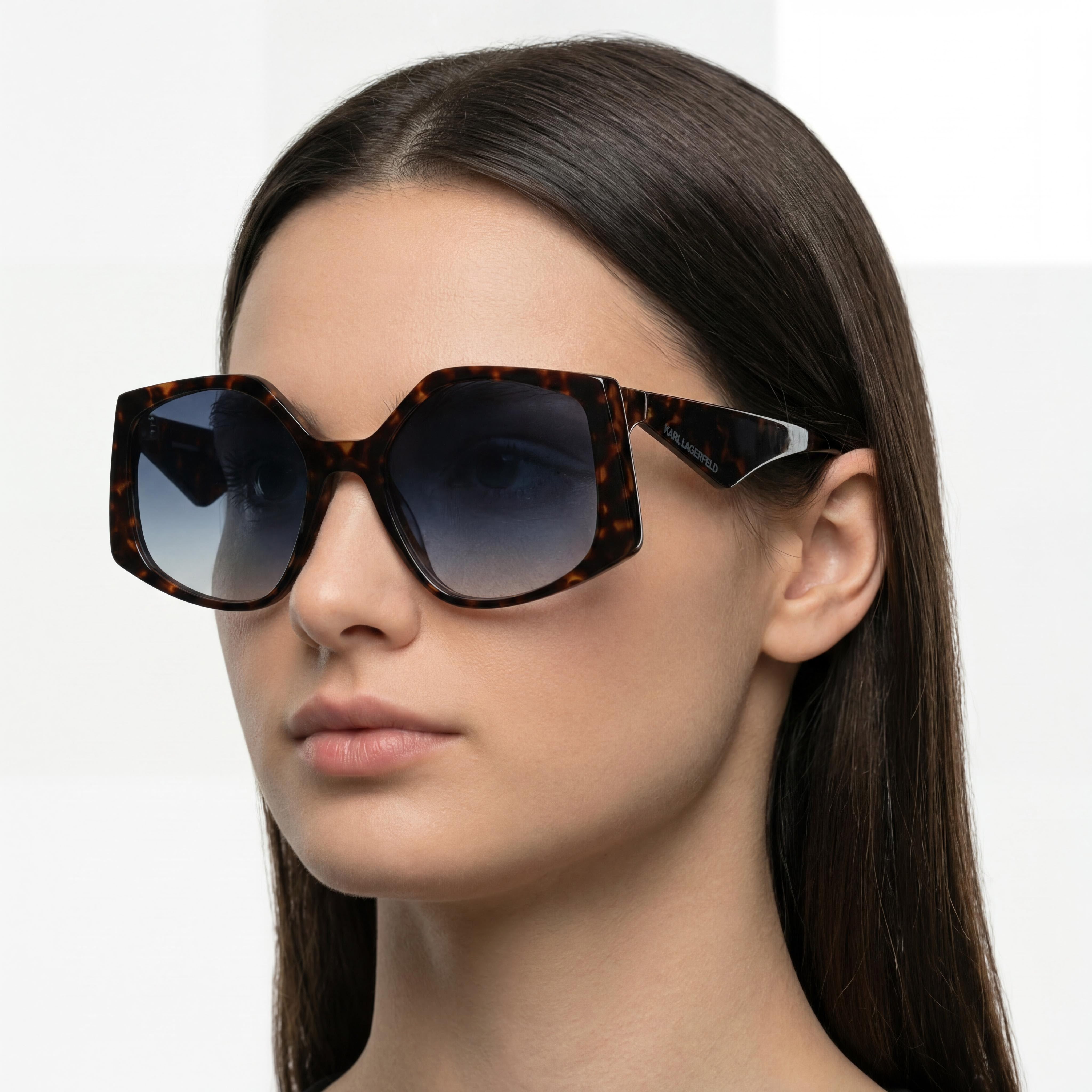 KARL LAGERFELD KL6208S Women's Dark Havana Acetate Wide Square Sunglasses, Gradient Blue Lenses, UV Protection 55mm, Photo 5