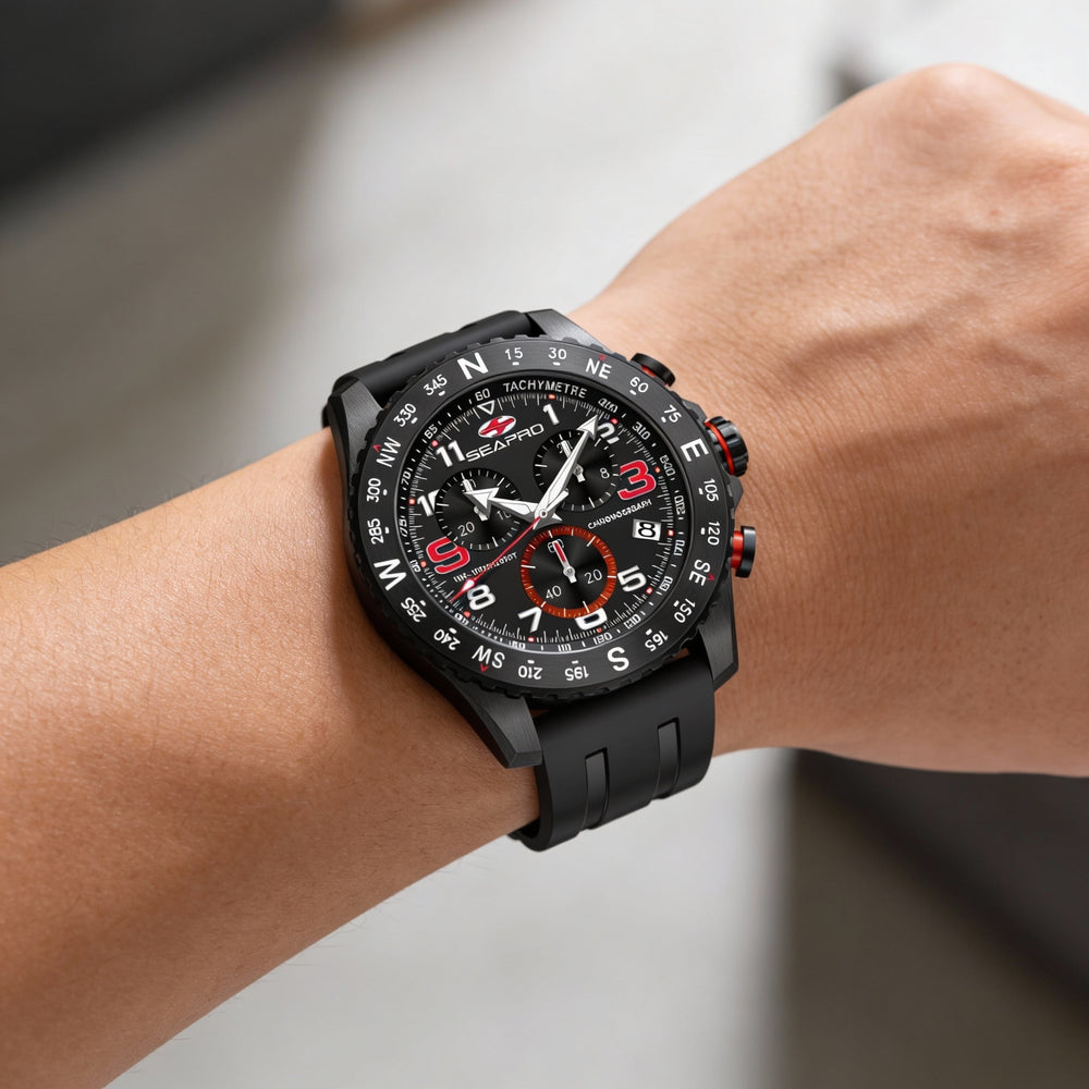 Reloj cronógrafo de cuarzo Seapro para hombre, caja de acero inoxidable negra, esfera negra, correa de caucho, resistente al agua hasta 100 m.