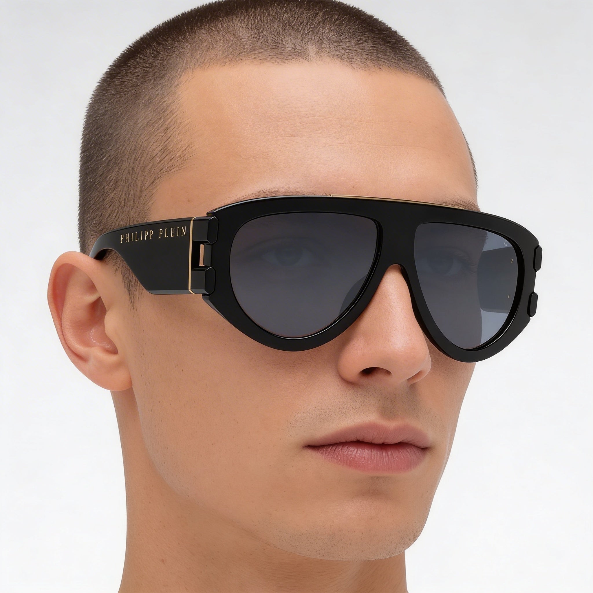 Gafas de sol Philipp Plein SPP127M para hombre, montura de acetato de celulosa negro brillante, lentes plateadas con efecto espejo ahumado, 60 mm, protección UV, Photo 3