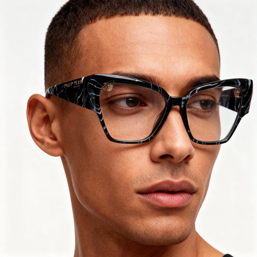 Monturas ópticas graduadas Philipp Plein Classic para hombre, de acetato negro jaspeado, sin polarizar, 55-14-140 mm