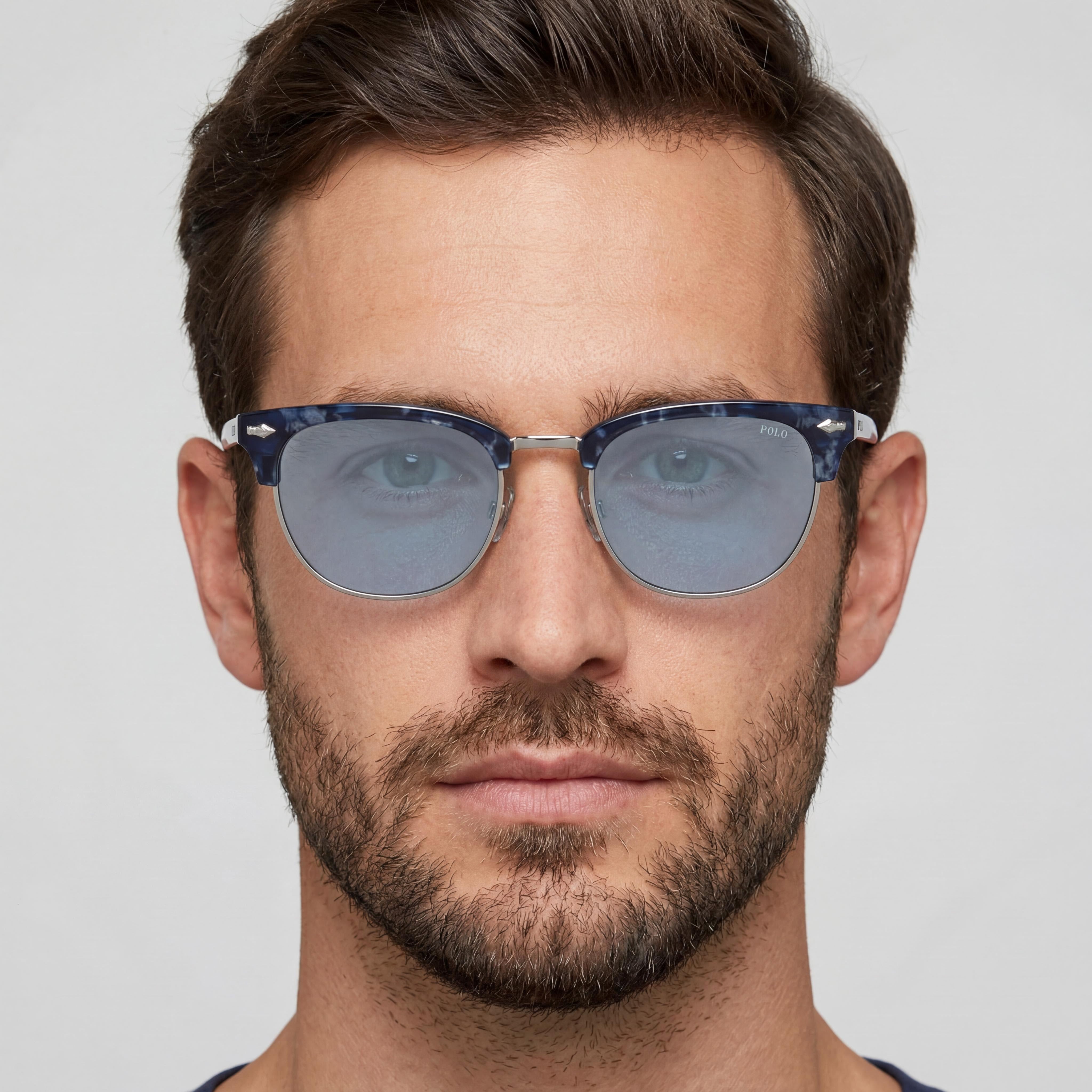 POLO RALPH LAUREN Ph4217 Gafas de sol de plástico redondas para hombre Azul Brillante Habana Lentes Azul Oscuro Protección UV No polarizadas 53mm, Photo 5