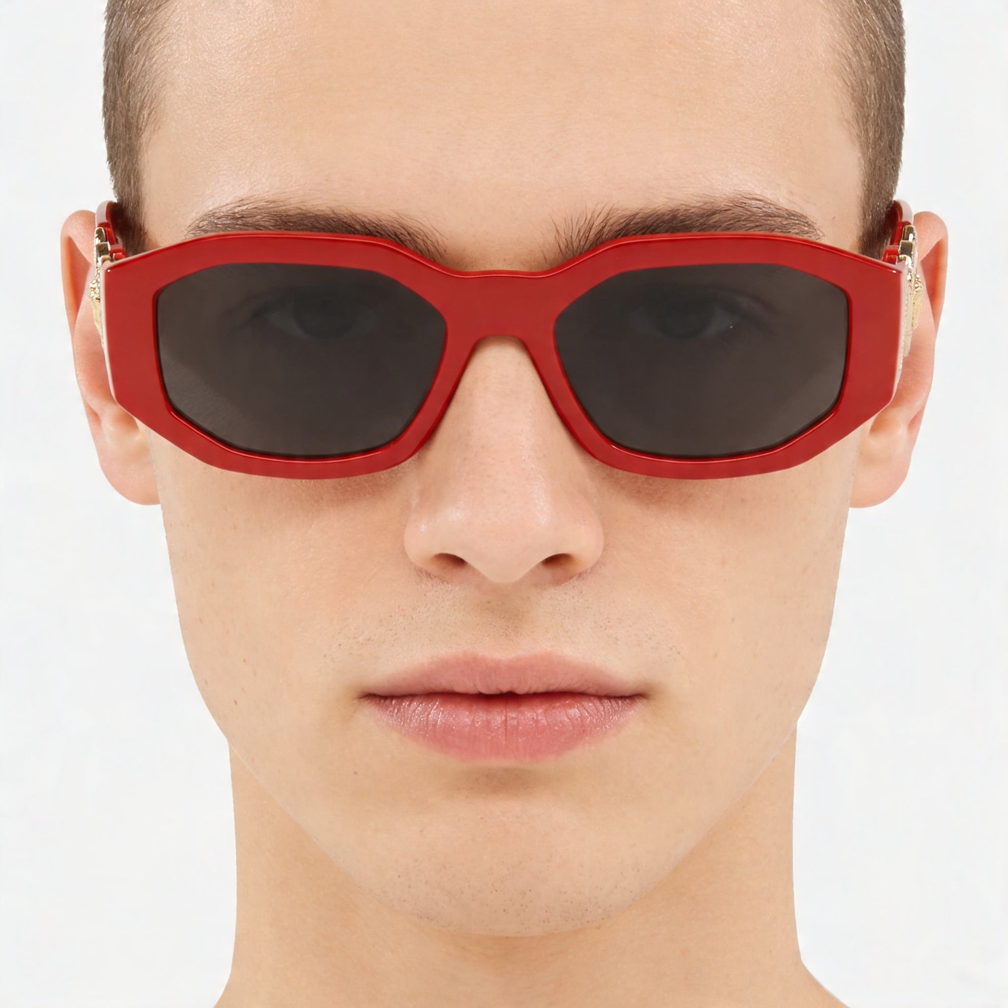 Versace Geometric Style Unisex Sunglasses with Red Grey Propionate Frame and Dark Grey Polycarbonate Lenses 53mm, Photo 4