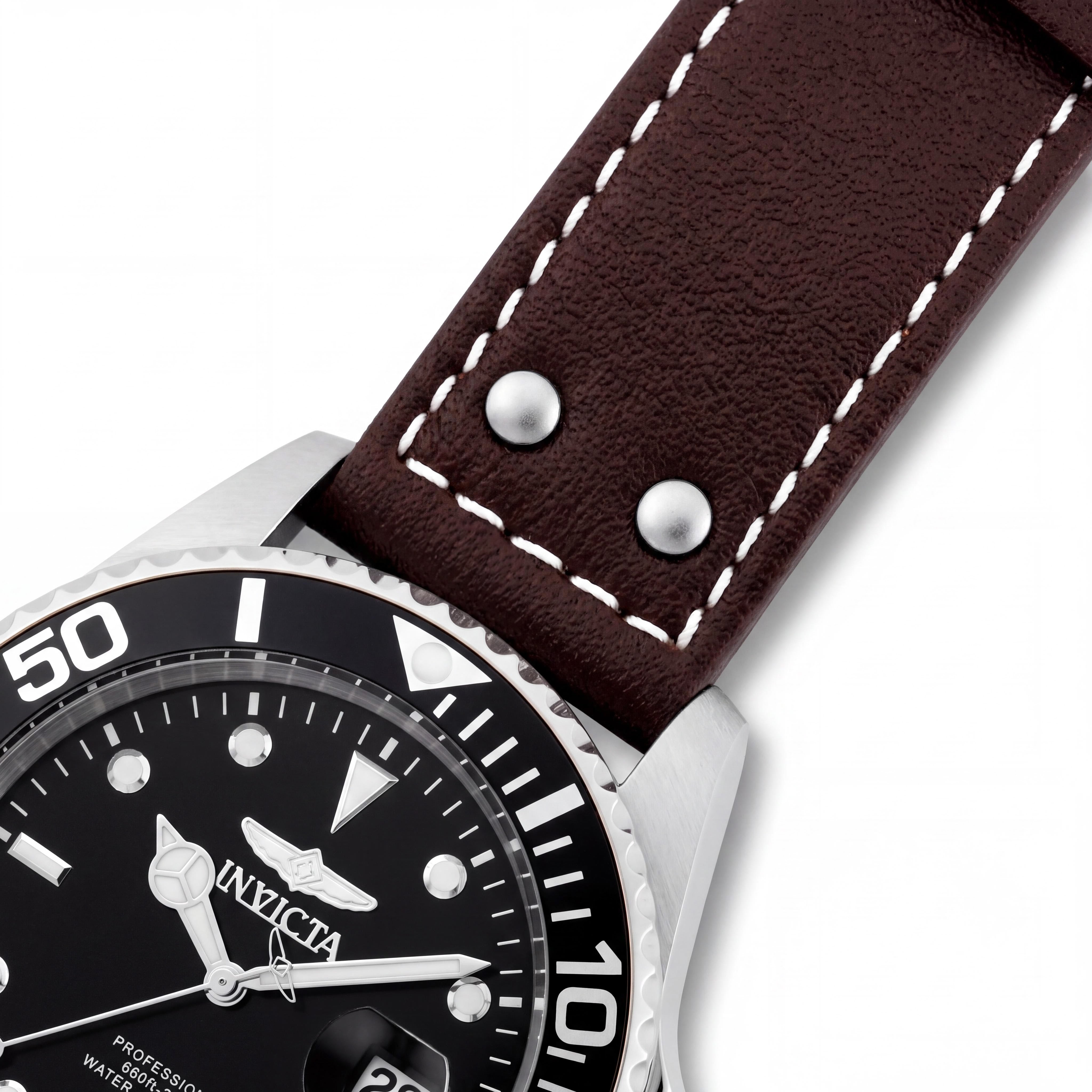 Invicta Men's Pro Diver 200m Water Resistant Luminous Quartz Black Dial Brown Leather Strap 43mm Watch, Photo 3