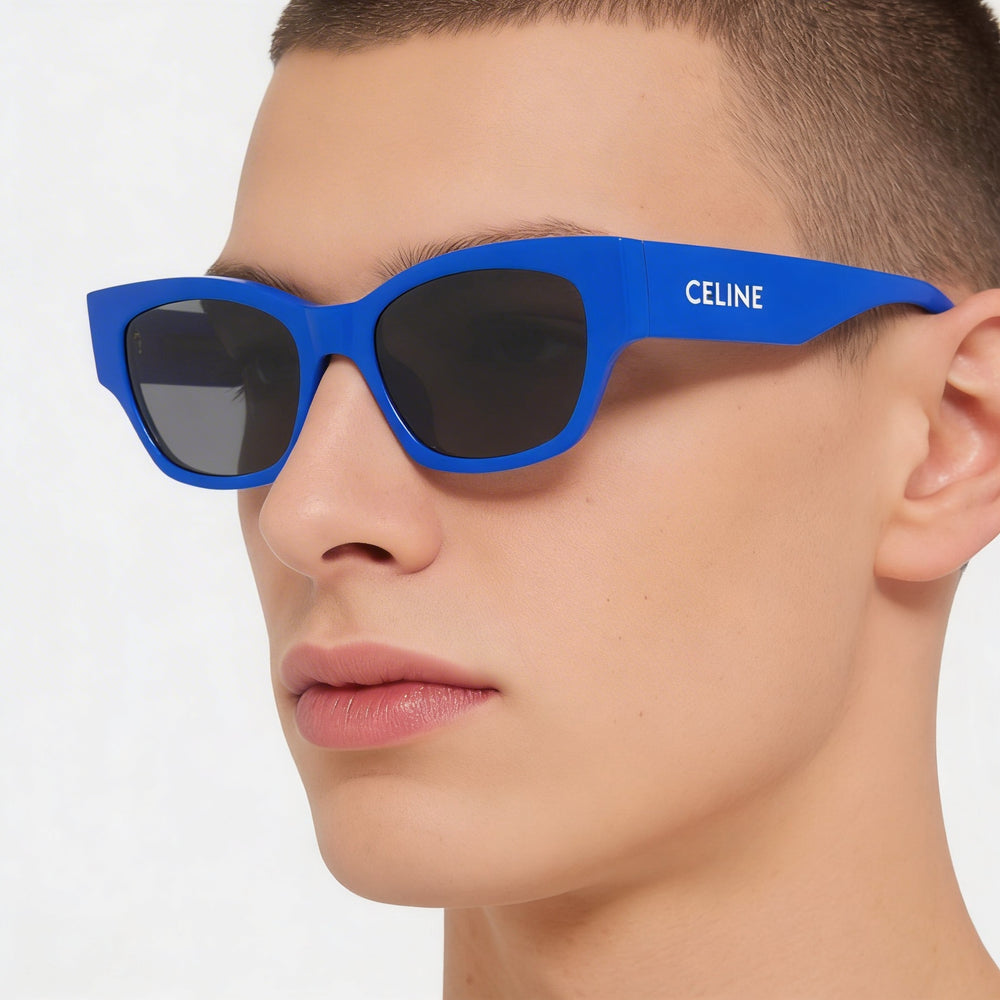 Gafas de sol Celine CL40197U unisex con montura de acetato azul grisáceo y lentes de poliamida gris, 54 mm, ajuste regular, puente alto