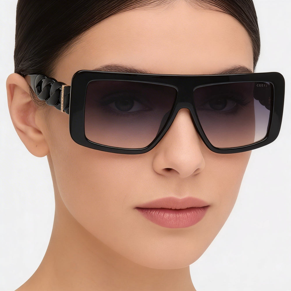 GUESS Modern Women's Shiny Black Injected Frame Sunglasses, UV Protected Polycarbonate Gradient Smoke Lenses 60mm