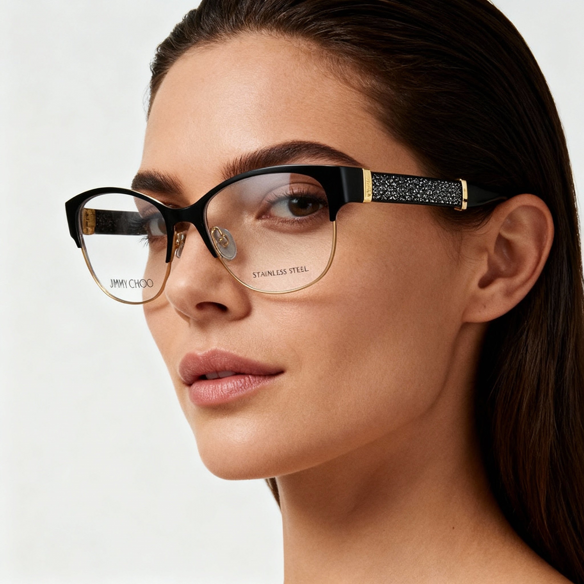 JIMMY CHOO Jimmy Choo 180 Women's Stainless Steel Eyeglasses, Matte Black Gold Glitter, 53-16-140, Photo 4
