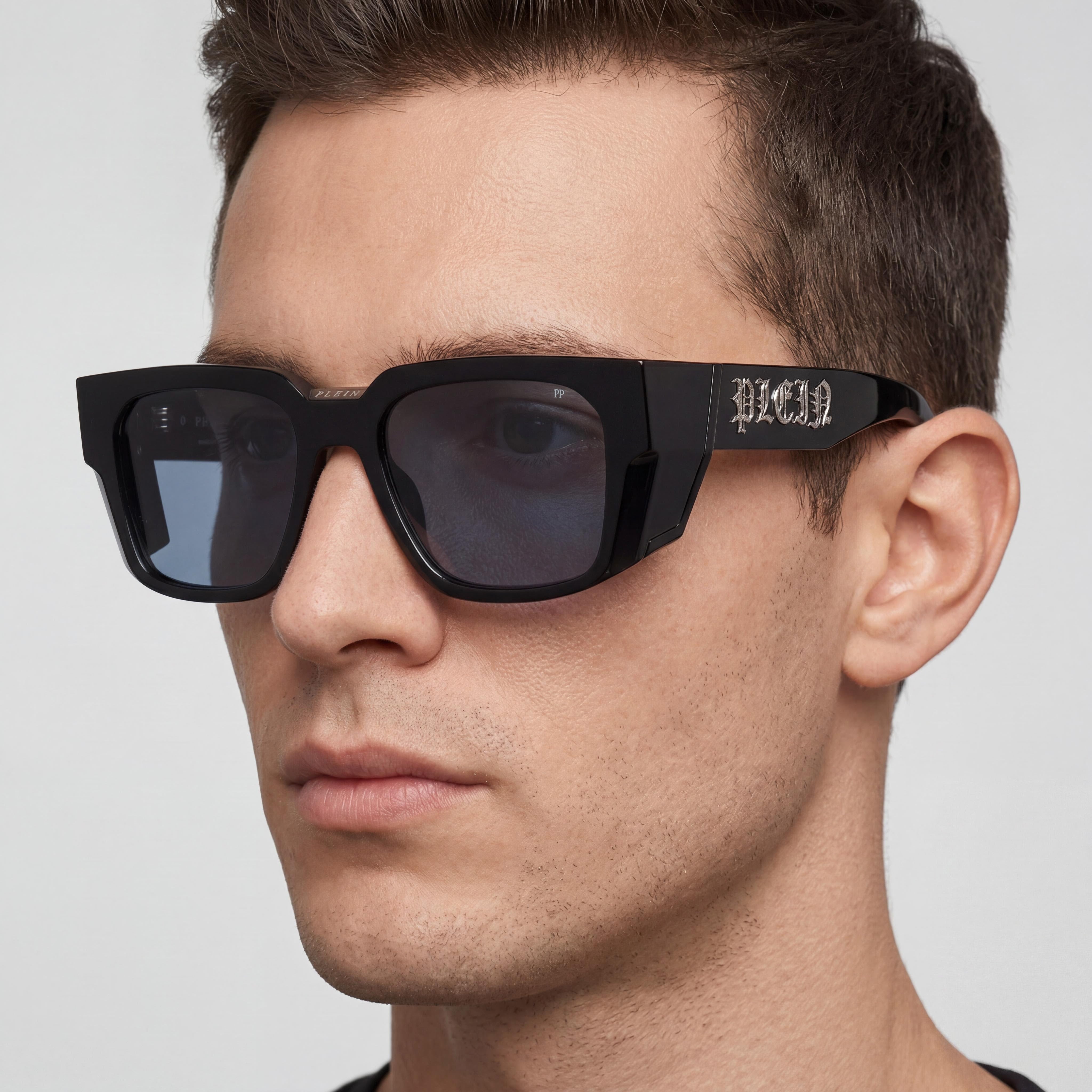 Philipp Plein Spp130m Men's Shiny Black Cellulose Acetate Frame Sunglasses with Blue Lenses and UV Protection 54-19-135, Photo 4