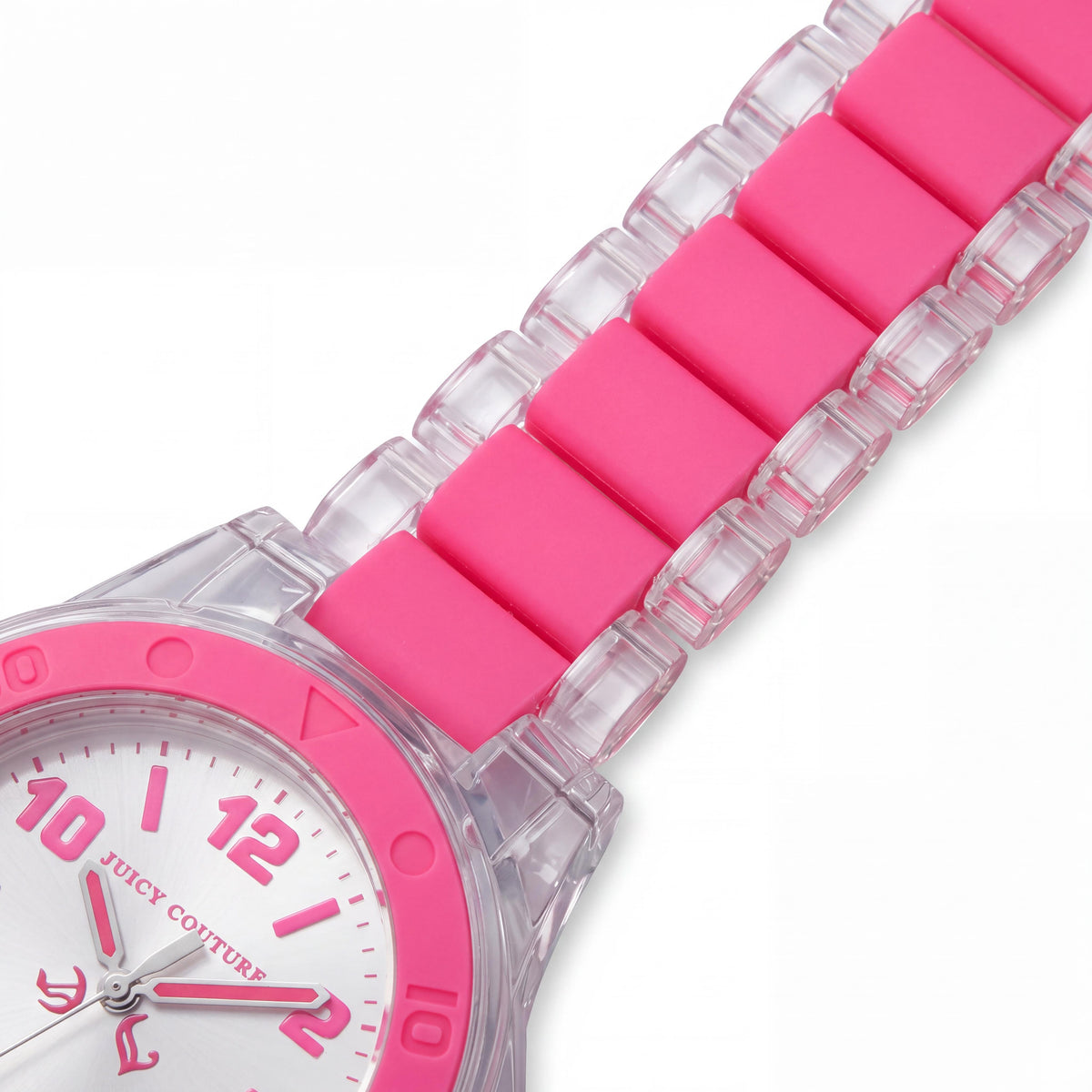 Reloj informal Juicy Couture para mujer con bisel de silicona en rosa neón y pulsera de plástico transparente, resistente al agua 30M, Photo 3