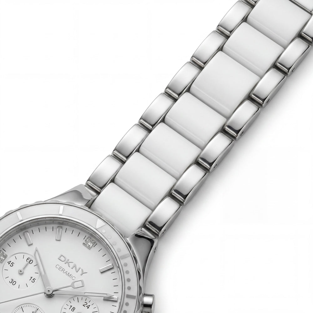 Reloj de cuarzo cronógrafo DKNY NY8502 para mujer, brazalete de cerámica, esfera blanca, caja de acero inoxidable de 38 mm