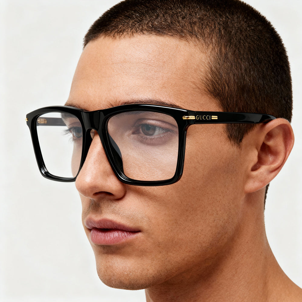 Gucci GG1445O Men's Rectangle Acetate Eyeglass Frames Black Gold, Clear Customisable Lens, 56-17-145