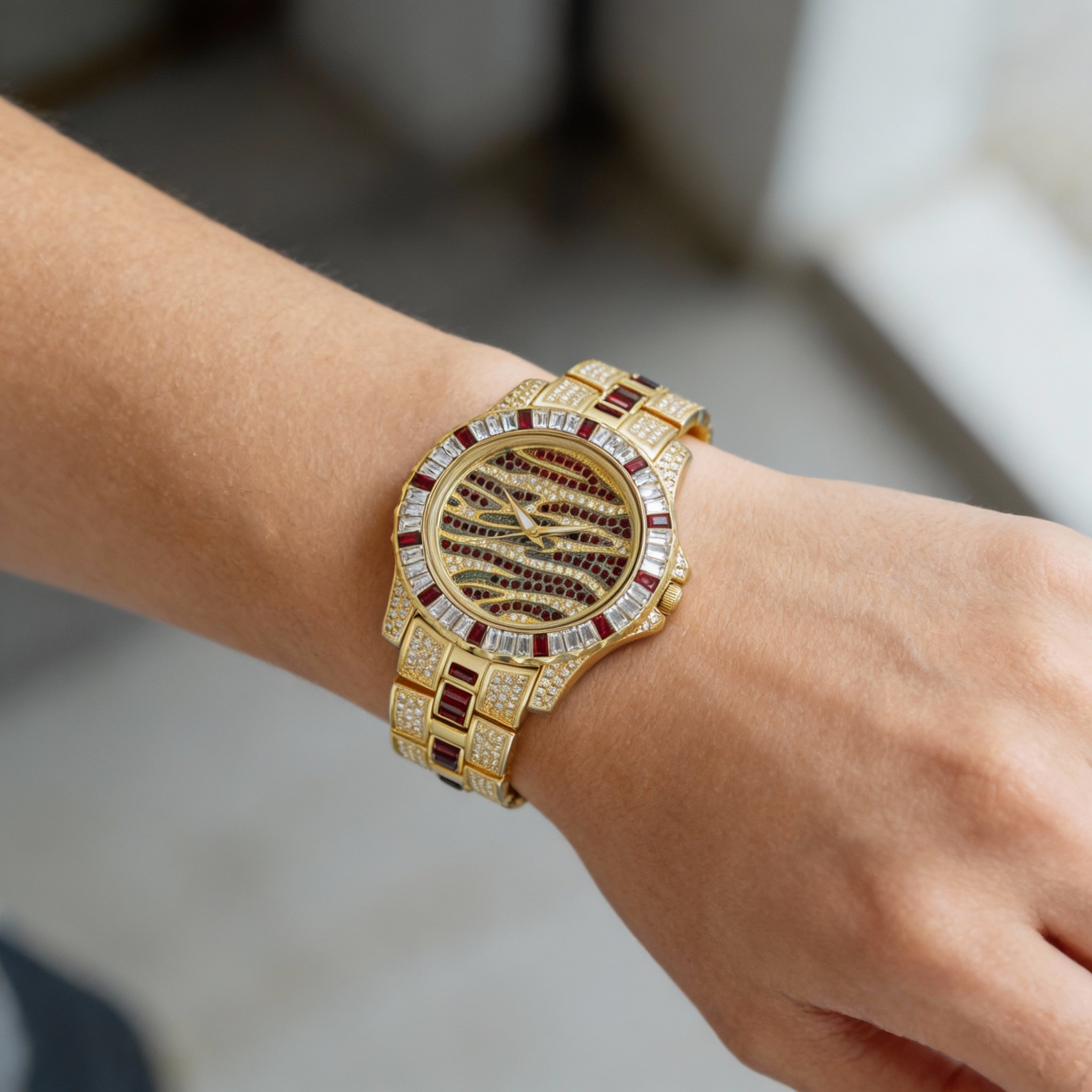 Adee Kaye Unisex Gold Tone Gold Rhodium Plated Bracelet Watch with Red Austrian Crystal, Mineral Crystal, Water Resistant, Photo 3