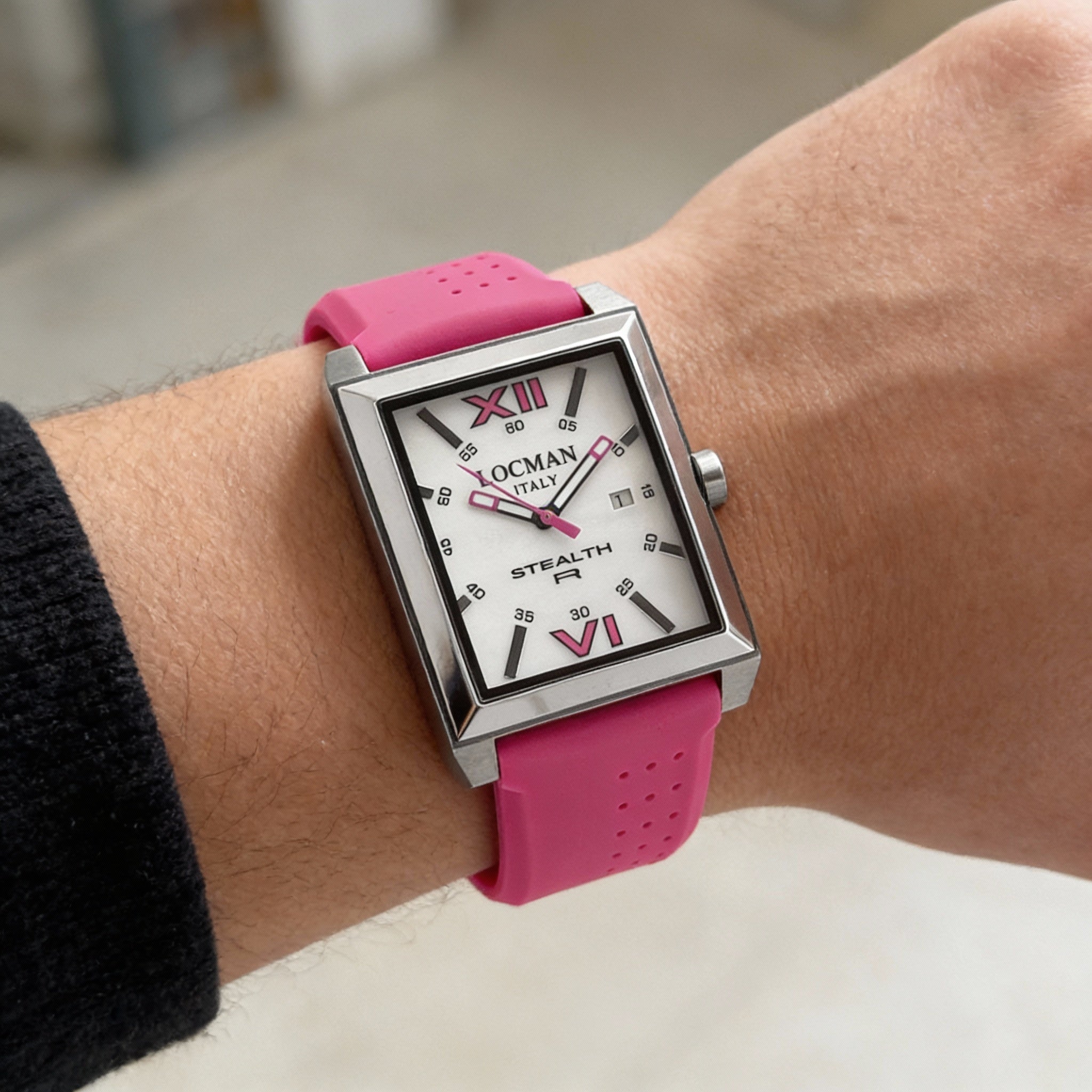 Reloj Locman para hombre con movimiento de cuarzo, acero inoxidable blanco, correa de silicona, esfera de nácar y resistente al agua., Photo 4