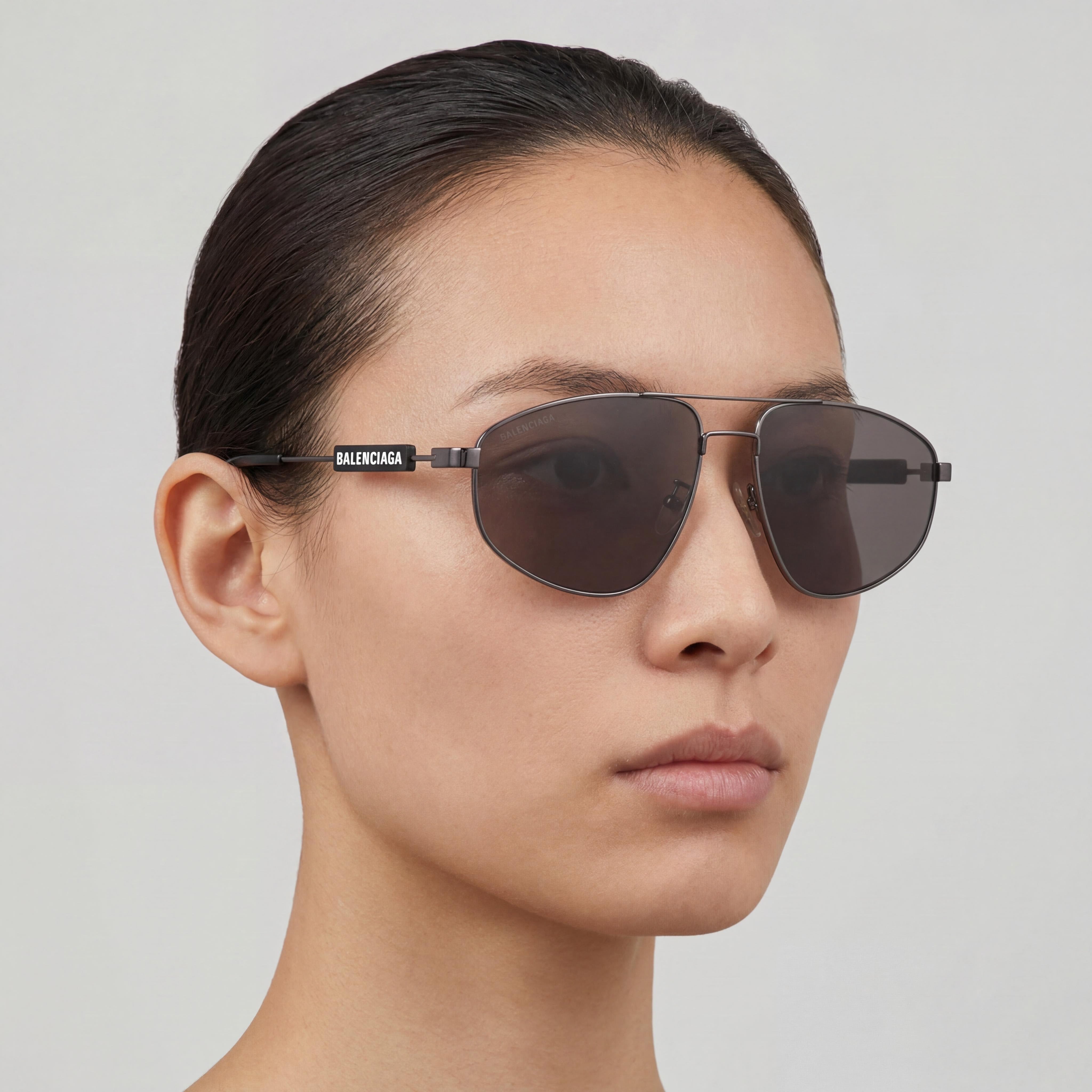 Balenciaga Aviator Unisex Sunglasses with Grey Metal Frame, Grey Plastic Lenses, and 59mm Lens Width, Photo 4