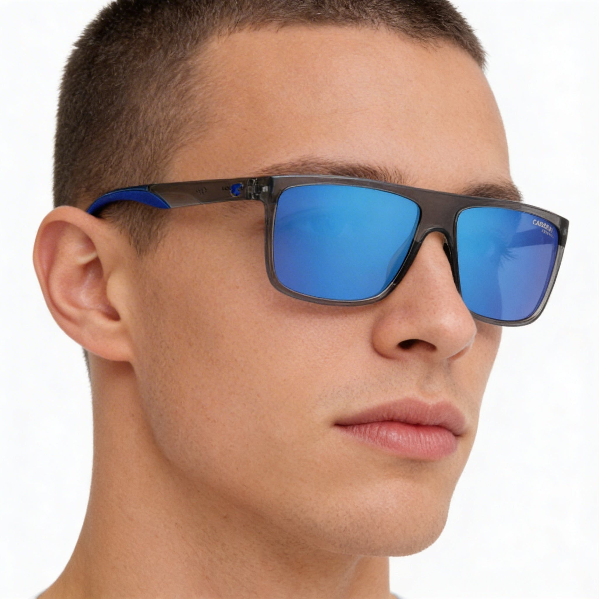 Carrera 8055/S Men's Transparent Grey Polyamide Frame, Blue Multilayer Lenses, UV Protection, 58mm, Photo 2