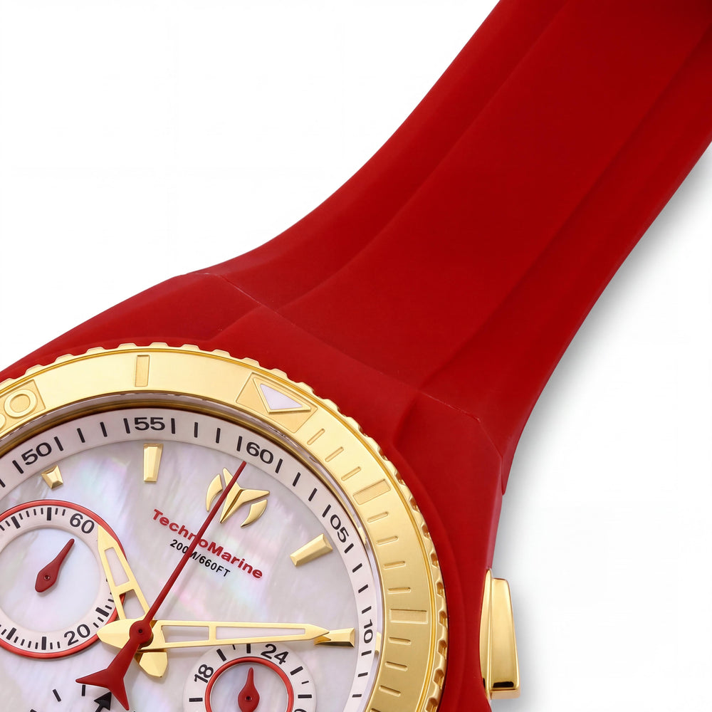 Technomarine Cruise TM-117003 San Valentín para mujer, caja de oro amarillo de 40 mm, esfera de nácar blanca, cronógrafo de cuero rojo, corazón abierto