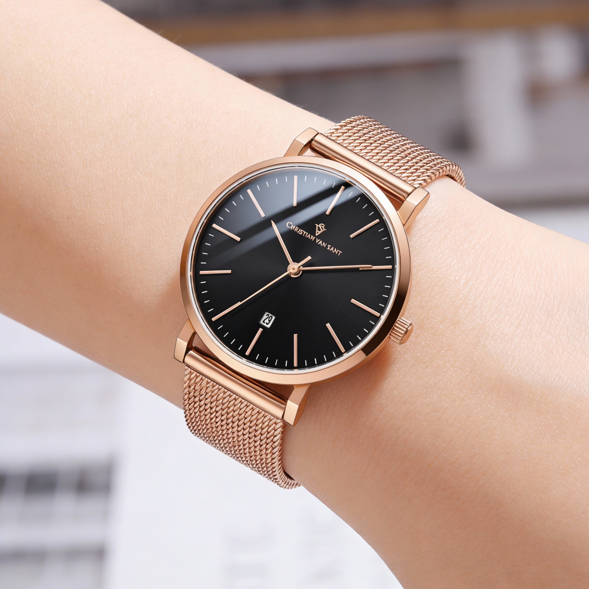 Reloj analógico Christian Van Sant para mujer, con movimiento de cuarzo, acero inoxidable en oro rosa, esfera negra y resistente al agua., Photo 4