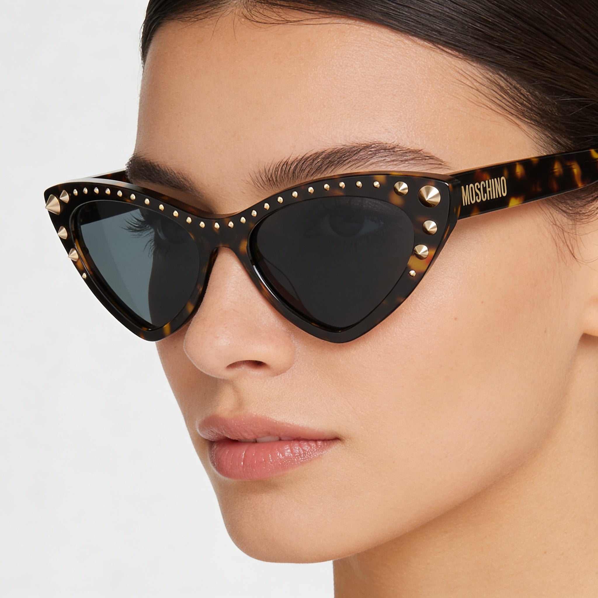 Gafas de sol clásicas Moschino Cateye para mujer con montura de acetato color Habana y lentes UV azul oscuro de 53 mm, Photo 4