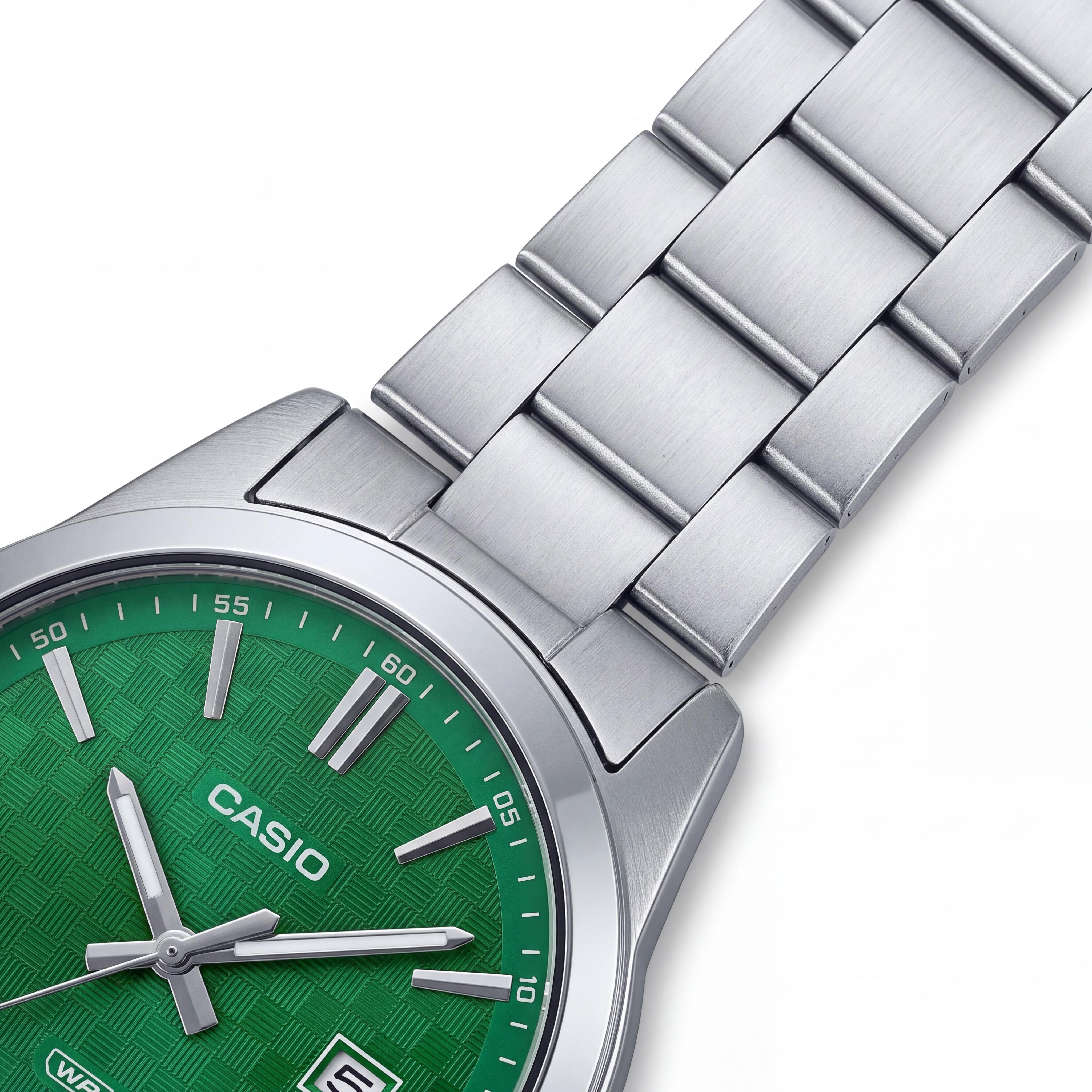 Reloj Casio con Brazalete, Unisex, Acero Inoxidable, Resistente al Agua, Analógico, Fecha, Movimiento de Cuarzo Japonés, Plateado y Verde, Photo 3