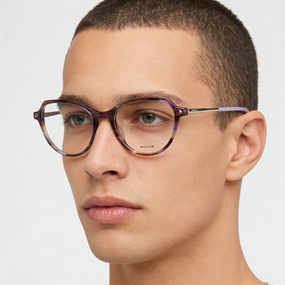 Montura de gafas Police de acetato para hombre con lentes de policarbonato, rayas marrones y moradas, talla 52-18-140