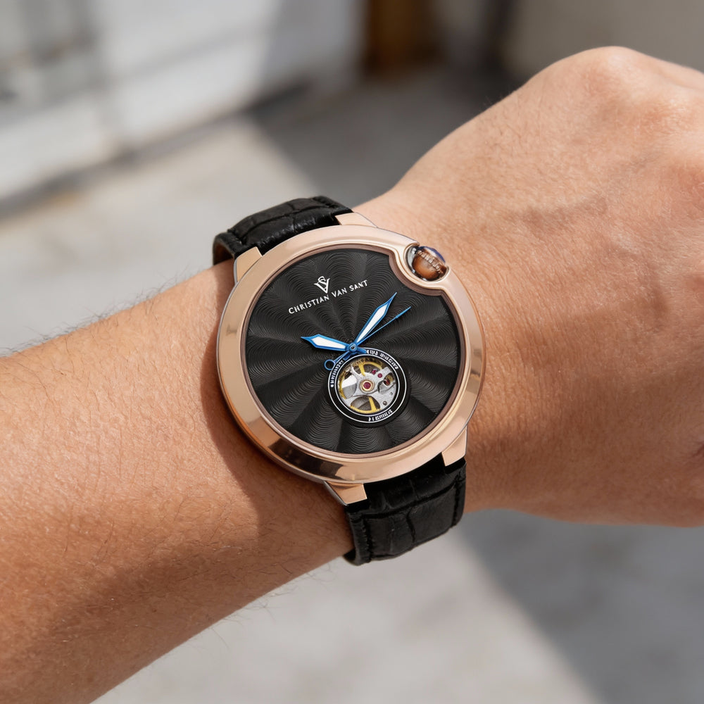 Christian Van Sant Modern Men's Automatic Movement Wristwatch, featuring a Black Dial and Automatic Shut Off Mechanism