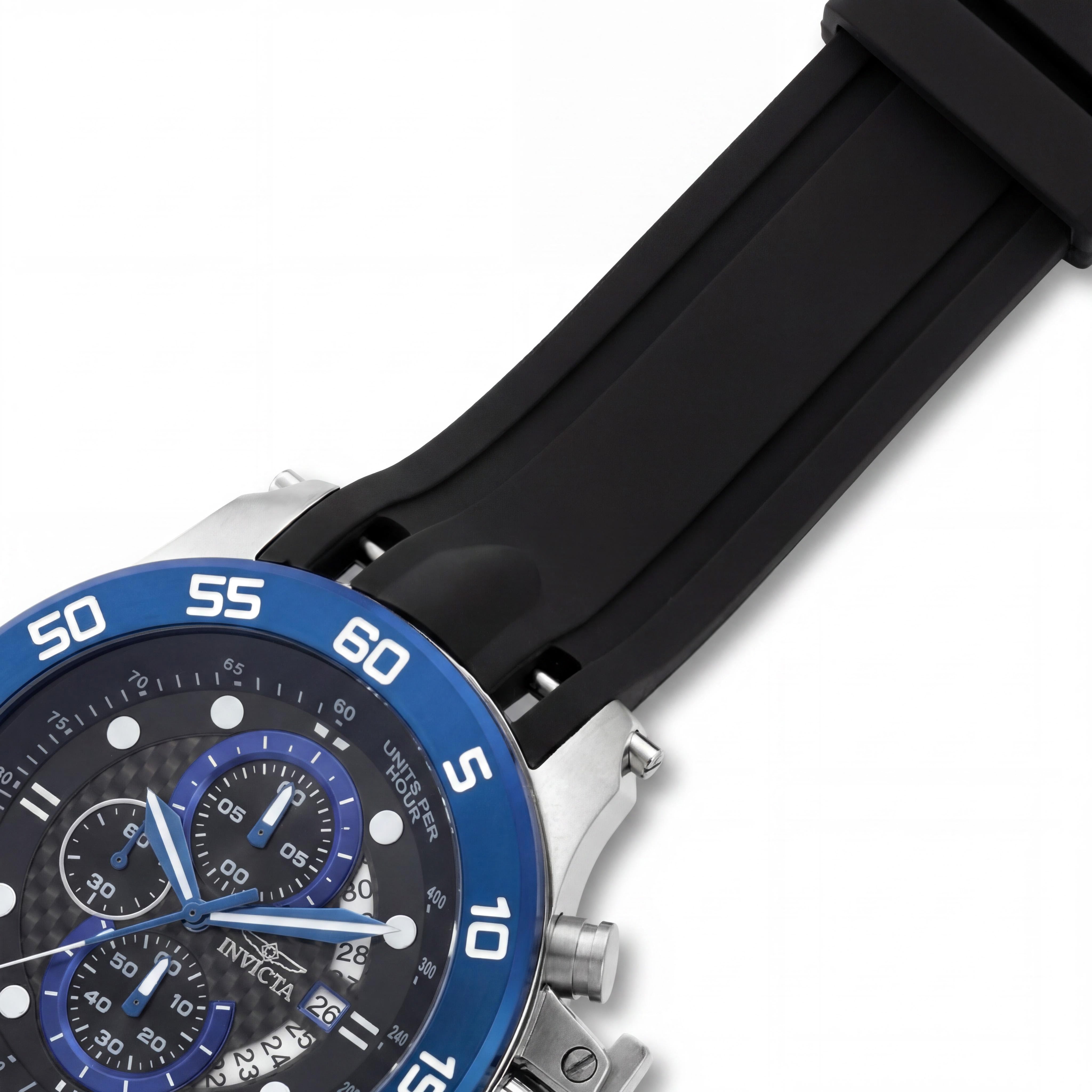 Reloj cronógrafo informal Invicta para hombre, caja de acero inoxidable plateada y azul de 51 mm, correa de poliuretano negra, Photo 3